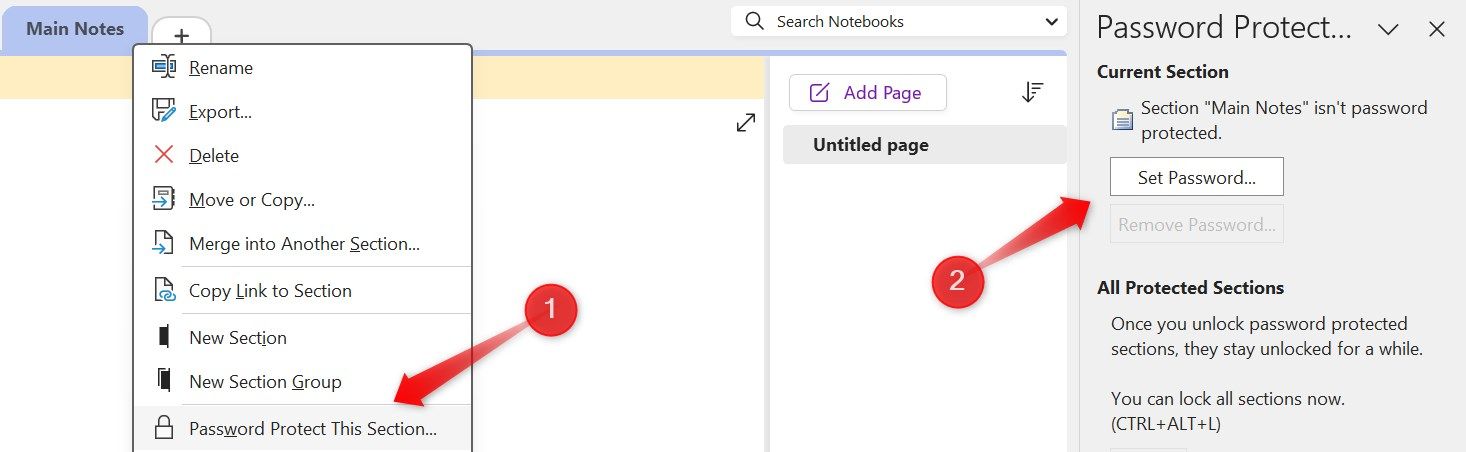 Password protecting a section in OneNote.