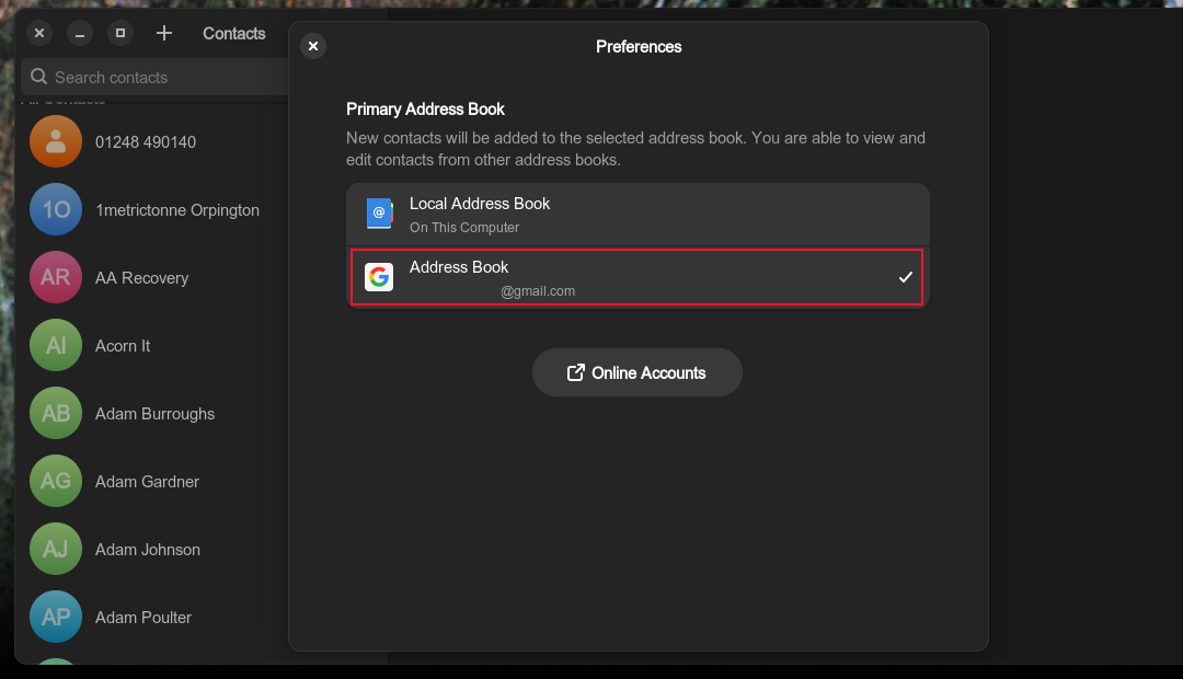 Selecting the Google account address book in the GNOME COntacts app