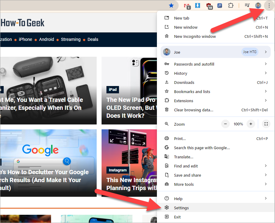 Chrome settings menu.