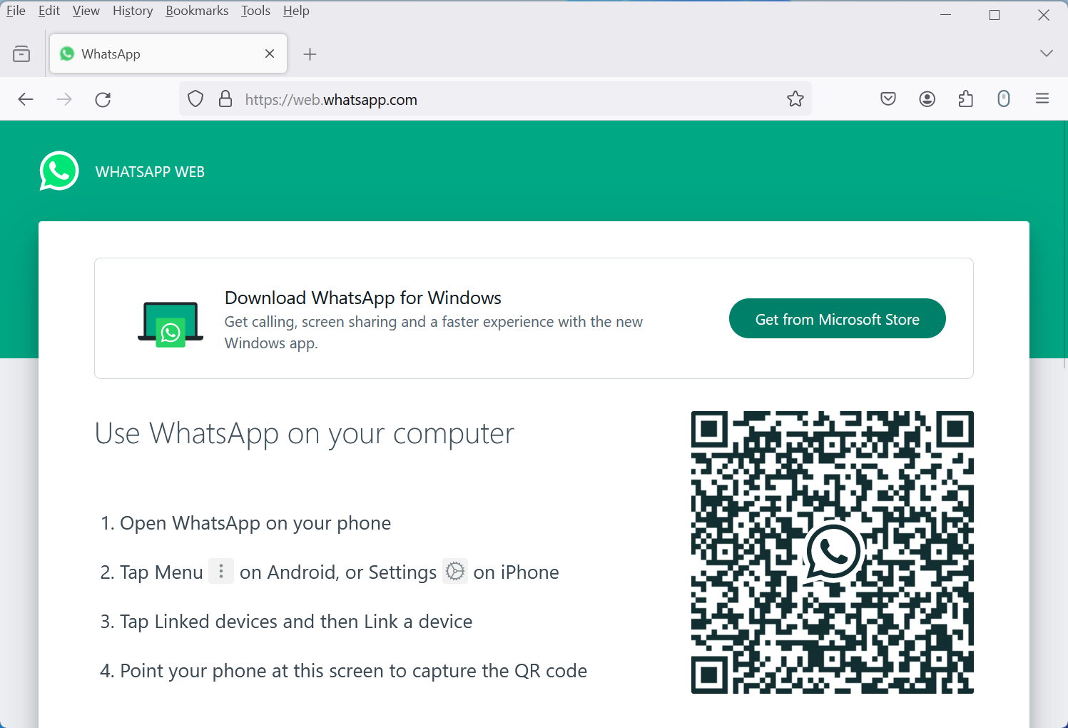 The WhatsApp web login page.