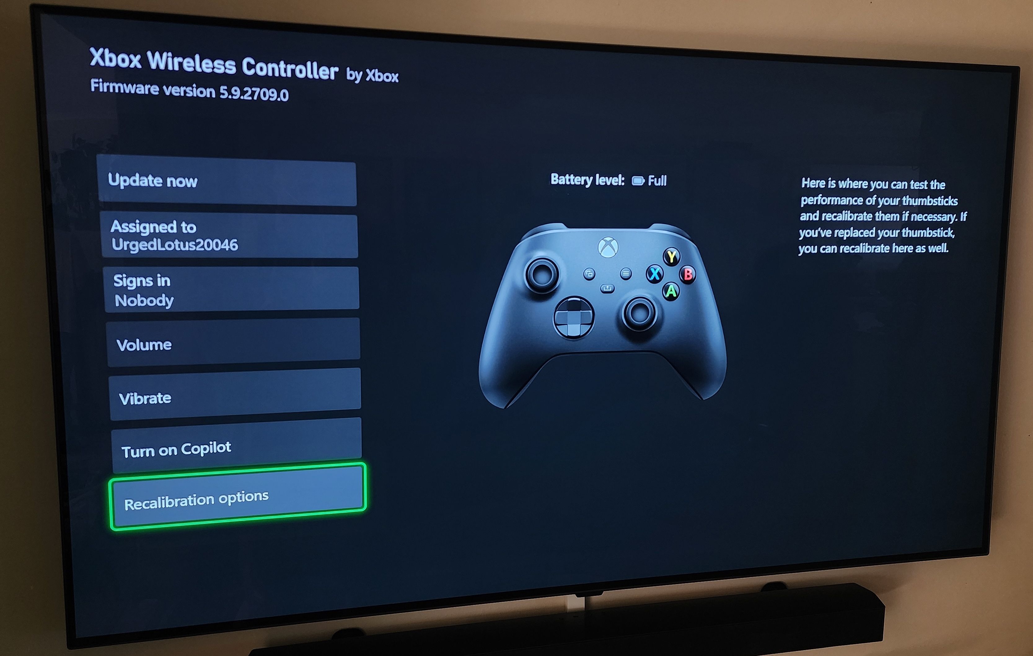 Xbox controller calibration screen.