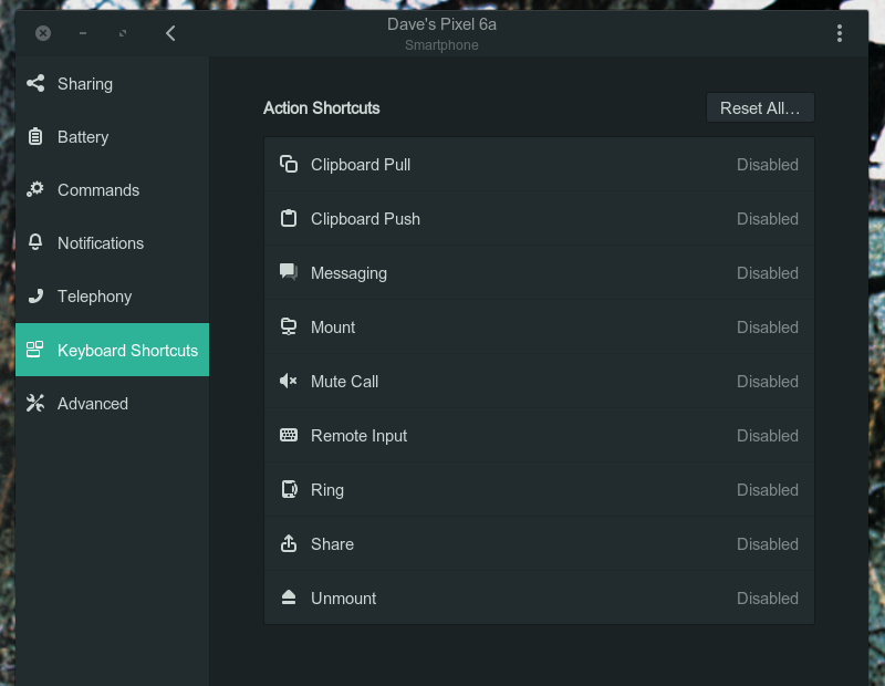 The keyboard shortcut screen in the GSConnect GNOME extension settings dialog