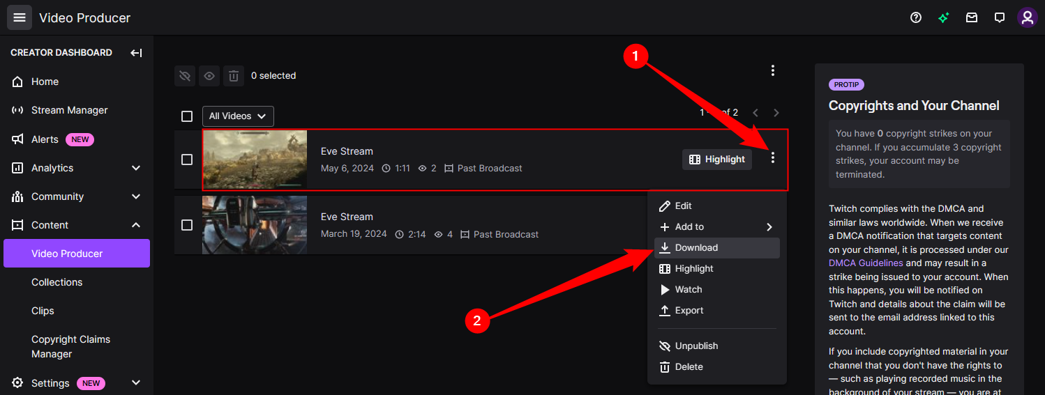Click the three dots next to the video you want to download, then select &lsquo;Download&rsquo; from the menu.