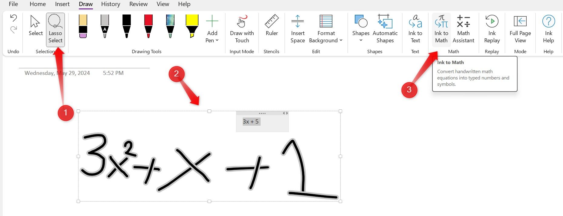 Converting a handwritten equation into typed text using lasso select in OneNote.