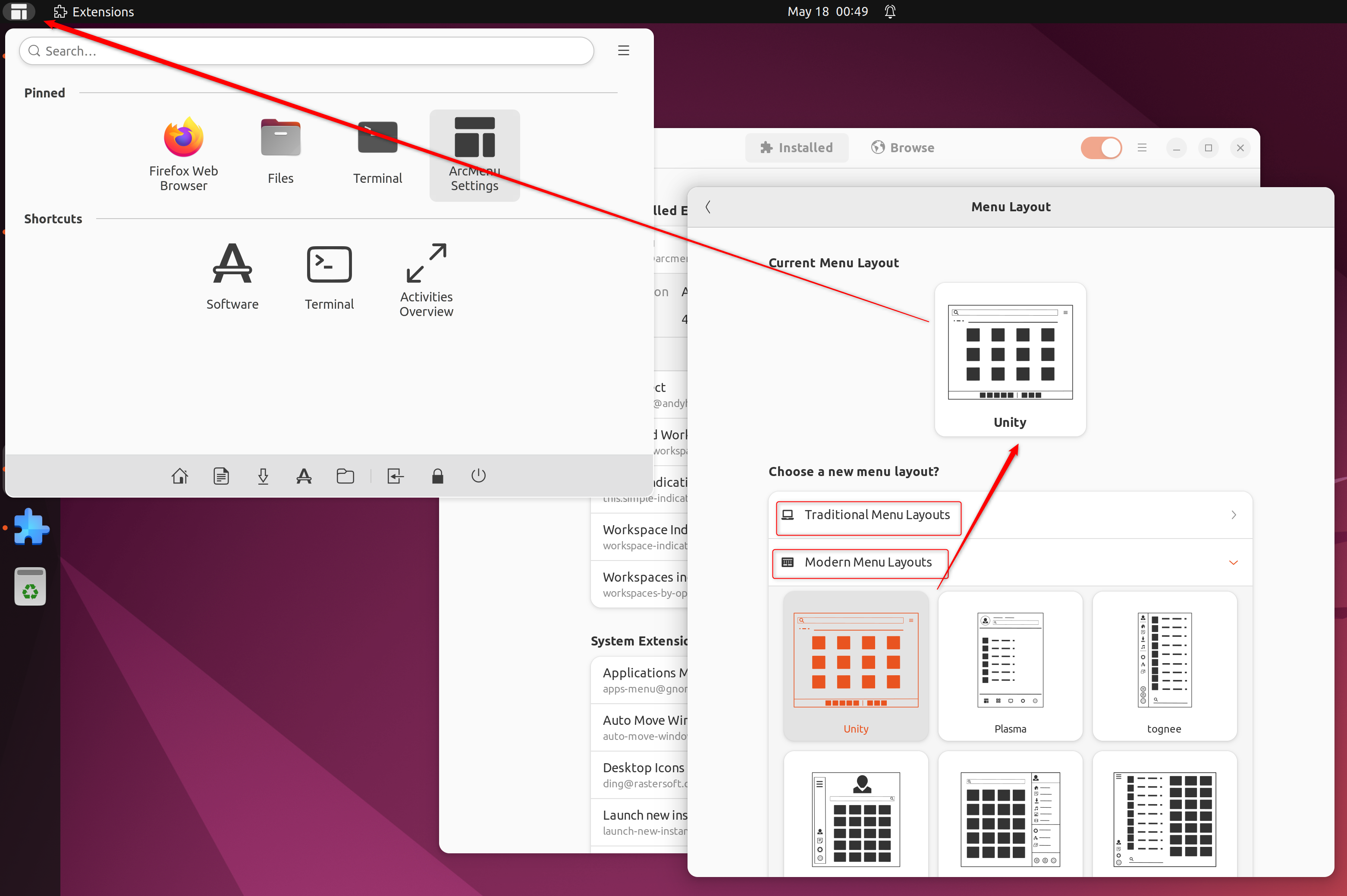 Изображение расширения Arc Menu и вариантов макета меню в Ubuntu 22.04