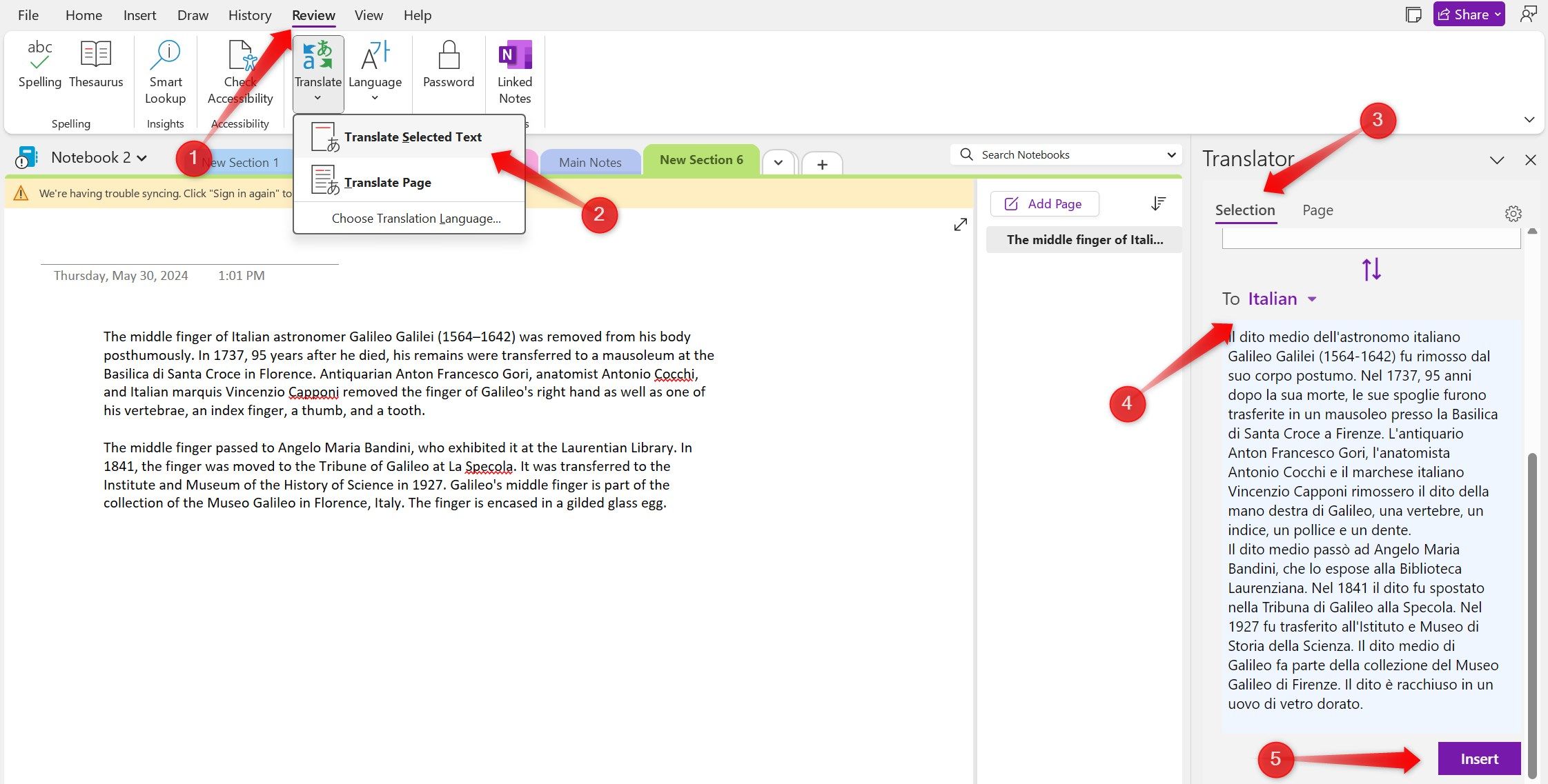 Translating the selected text in OneNote.