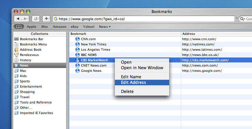 Web browser interface with bookmarks tab open and context menu displayed.