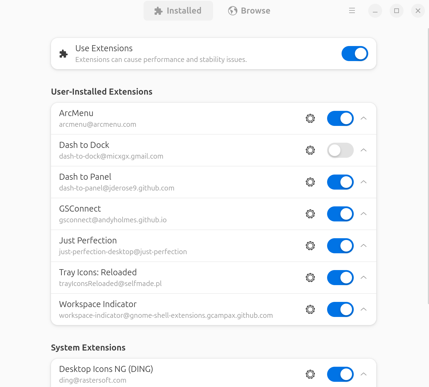 Recommended Extensions Installed in Ubuntu Extension Manager