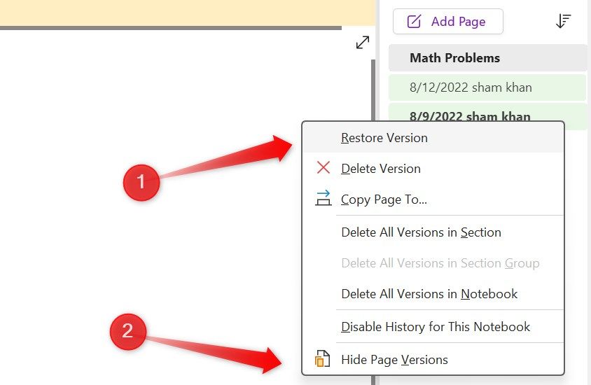 Restoring a page version in OneNote.