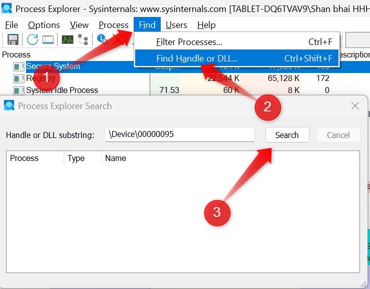 Ищем процессы с помощью нашей камеры в приложении Process Explorer.