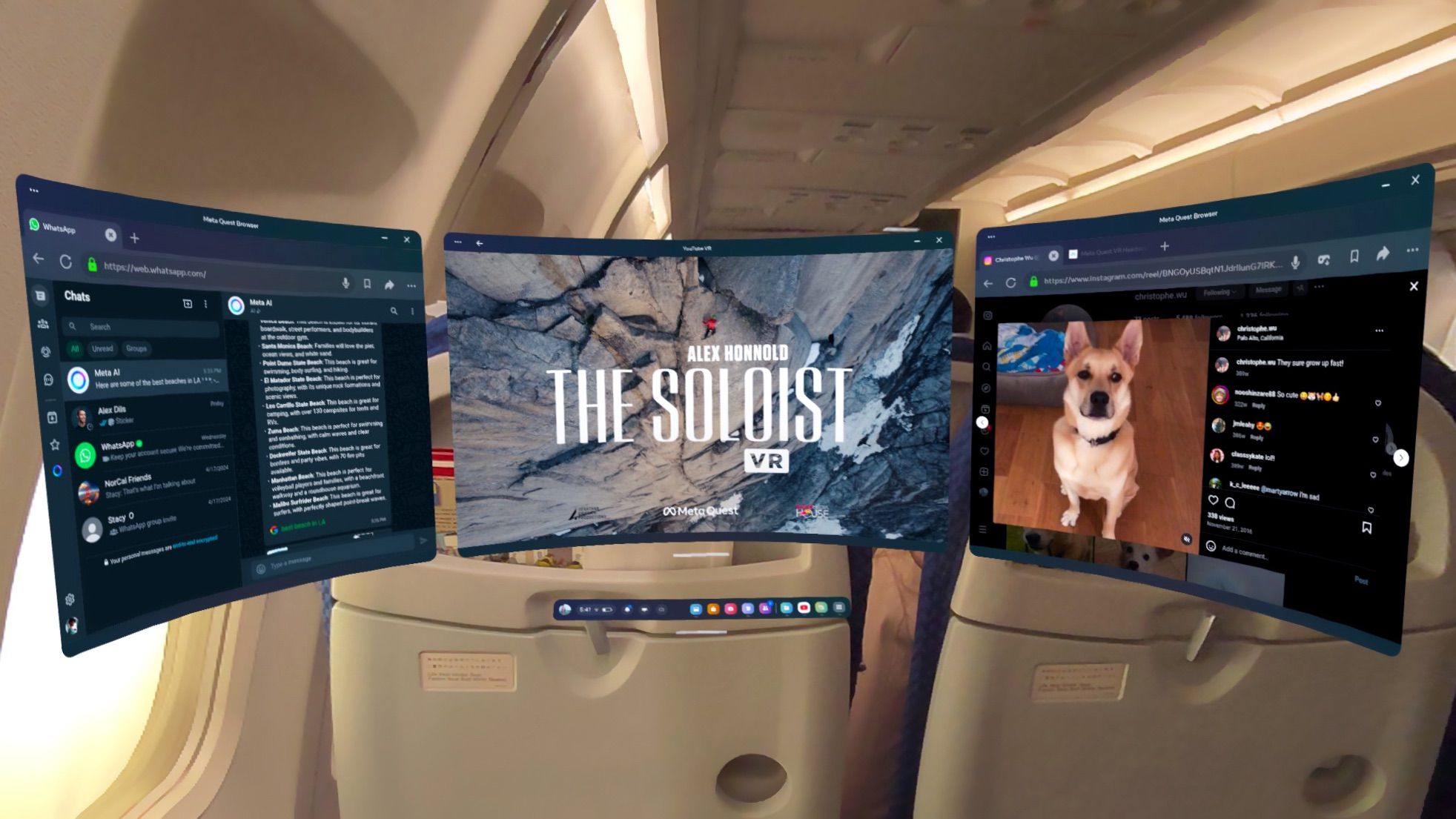 Airplane cabin with transparent floating digital screens displaying a web browser and video.