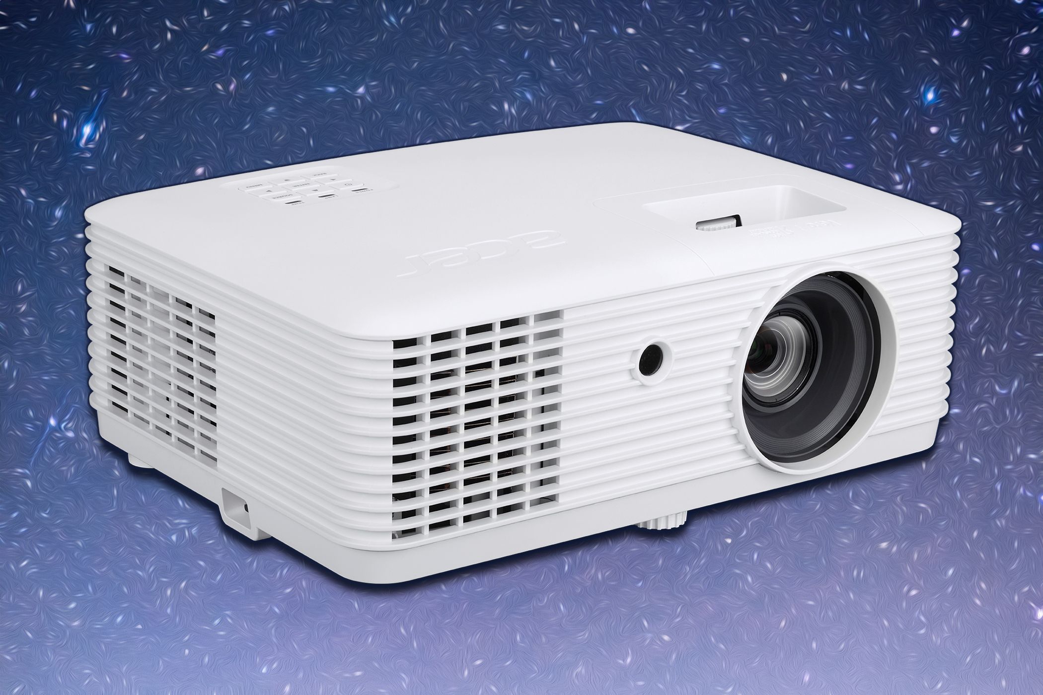 The Acer Vero H6810 laser projector on a starry background.