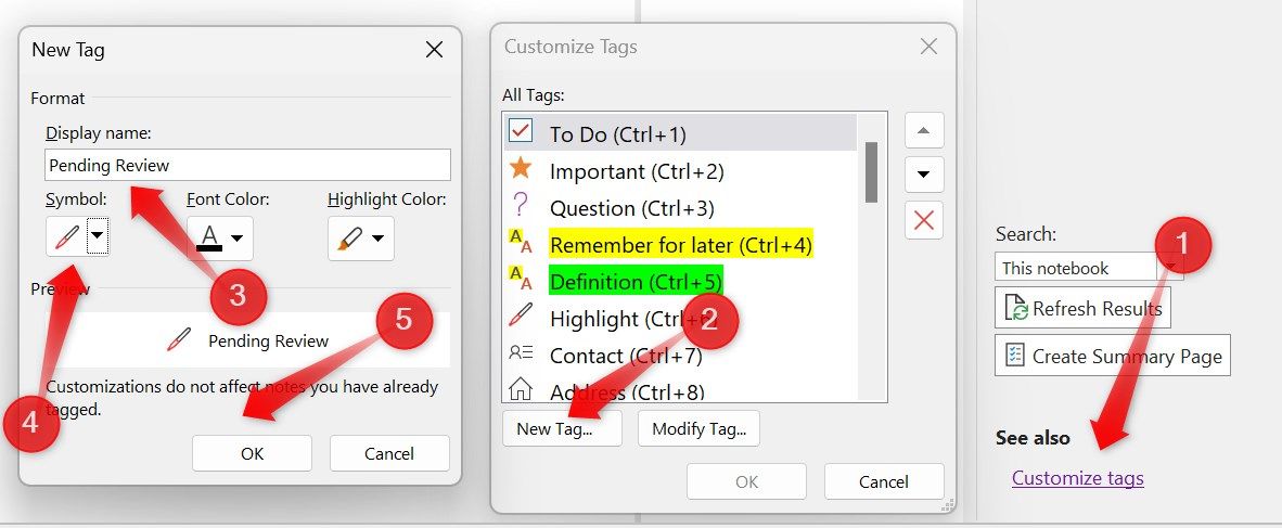 Creating a new tag in OneNote.