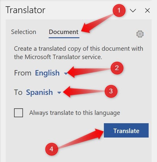 Translating entire document using Microsoft's built-in translator.