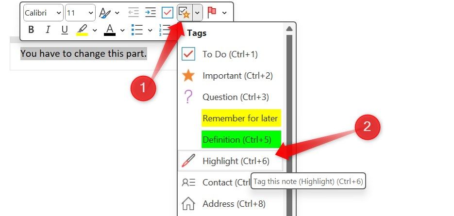 Adding a tag to a text in OneNote.