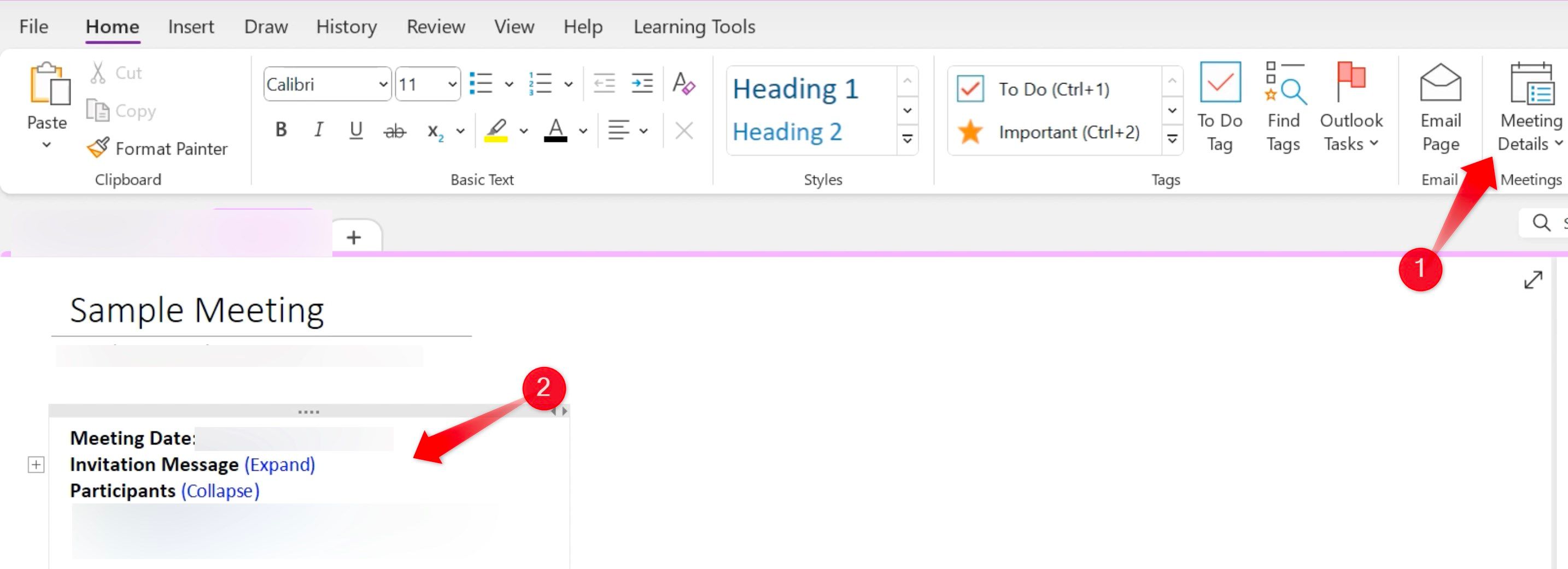 Adding meeting details in a note in OneNote.