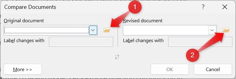 Browsing for original and revised document in the compare documents window.