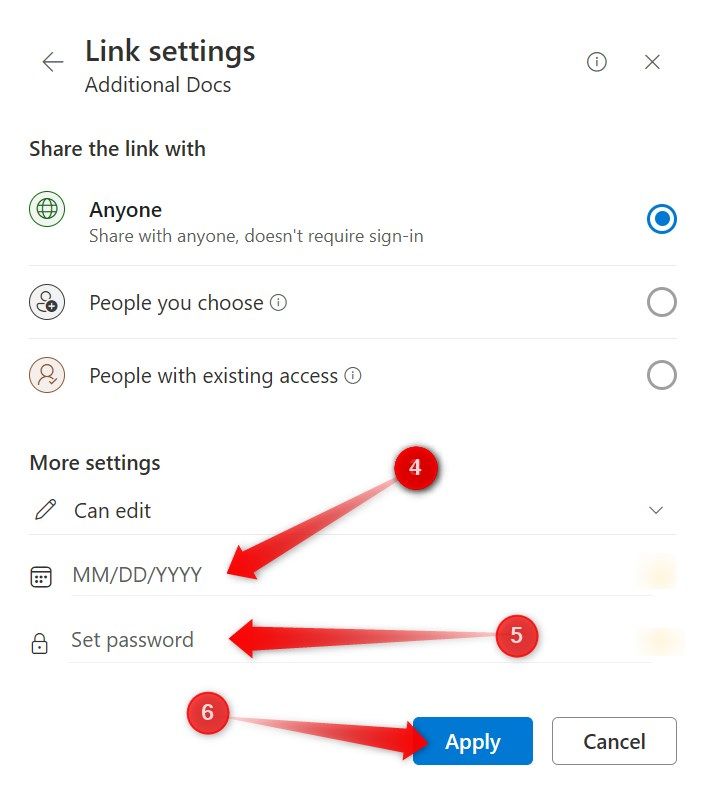 Setting date and password in Link Settings