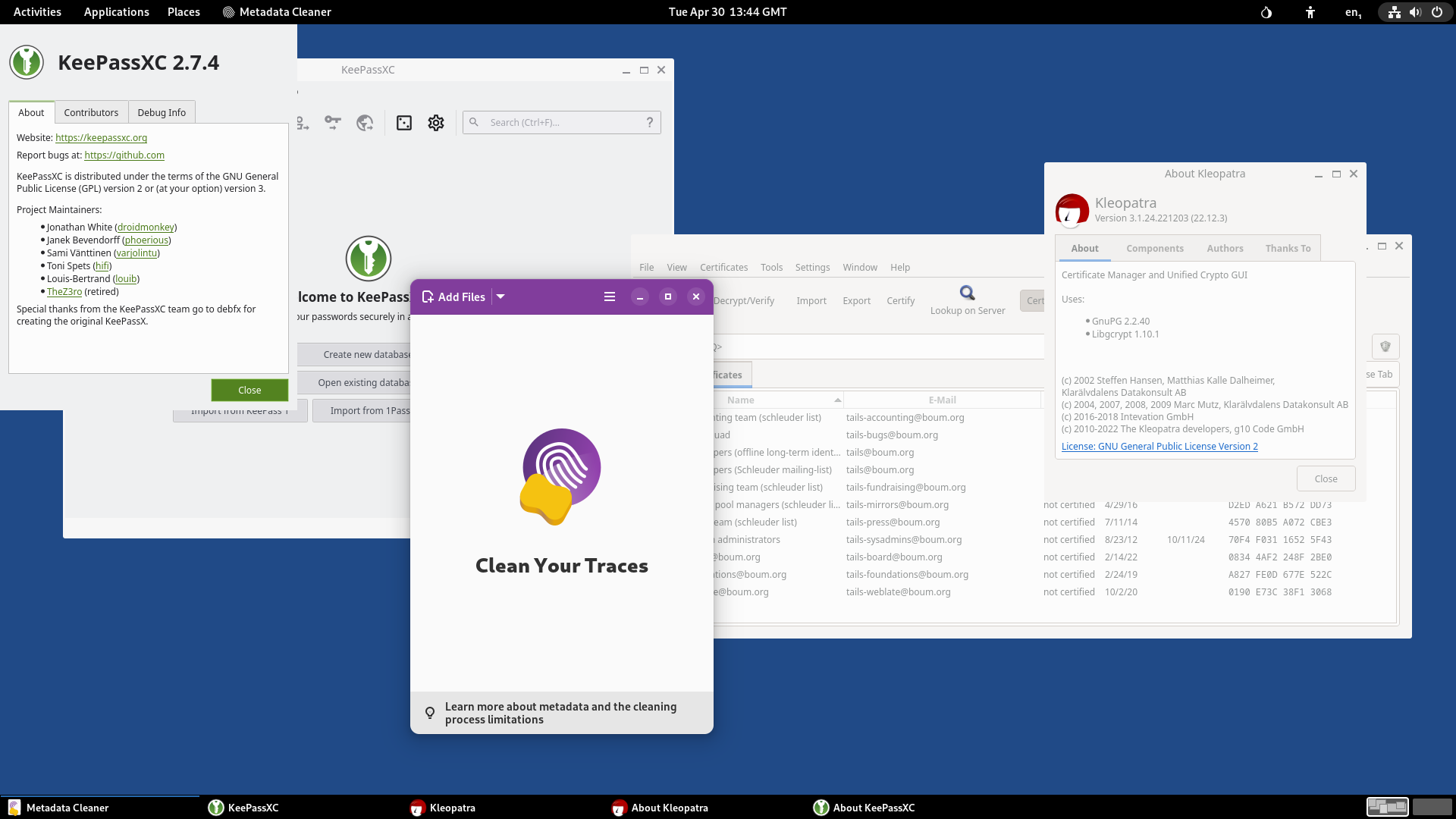 Several security applications running on the Tails Linux desktop