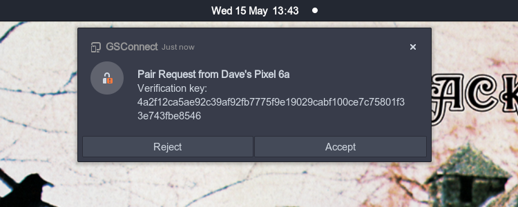 The GNOME desktop notification for the KDE Connect Android app pairing request