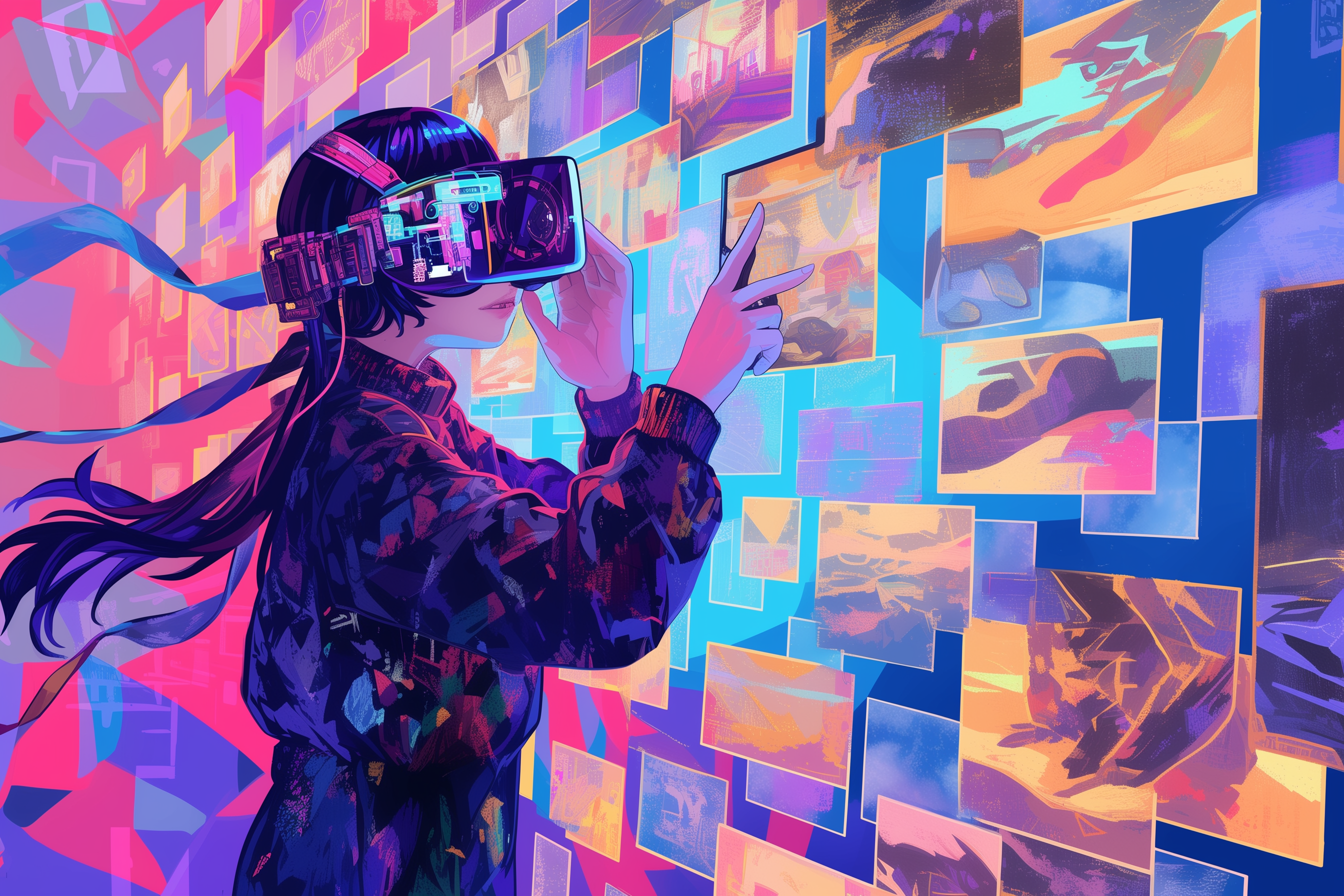 A beautiful cyberpunk woman in virtual reality operating floating virtual windows showing artworks anime style