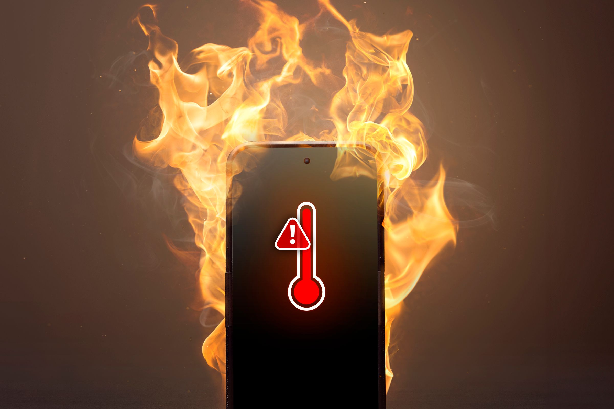 A burning phone with a thermometer and an alert sign.