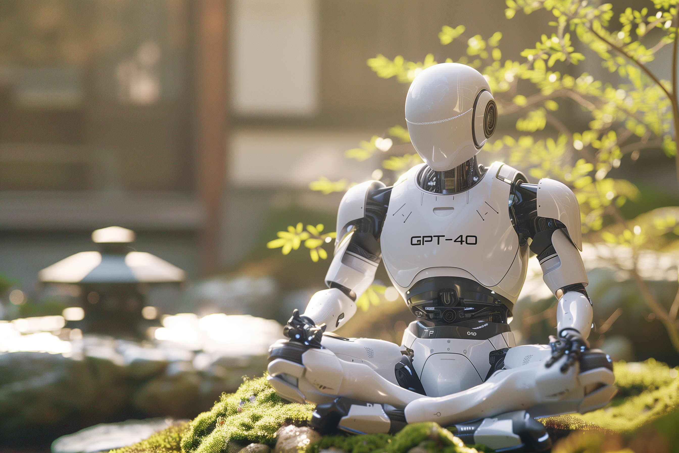 A glossy white robot sitting in full lotus position meditating in an idyllic japanese scene with the letters 'GPT-4o' written in its chest