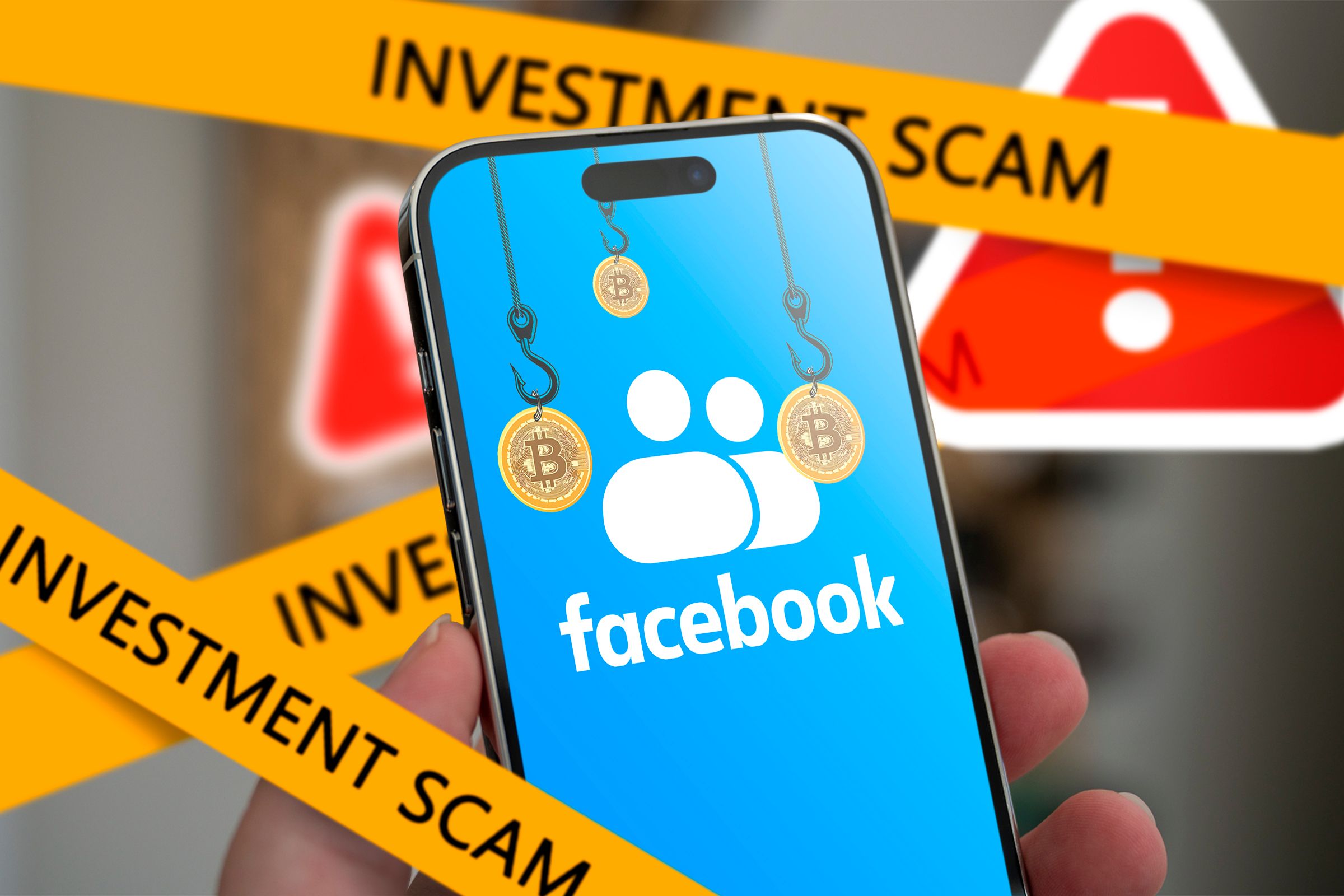 A hand holding a phone with the Facebook icon and a bitcoin bait and several scam alerts.