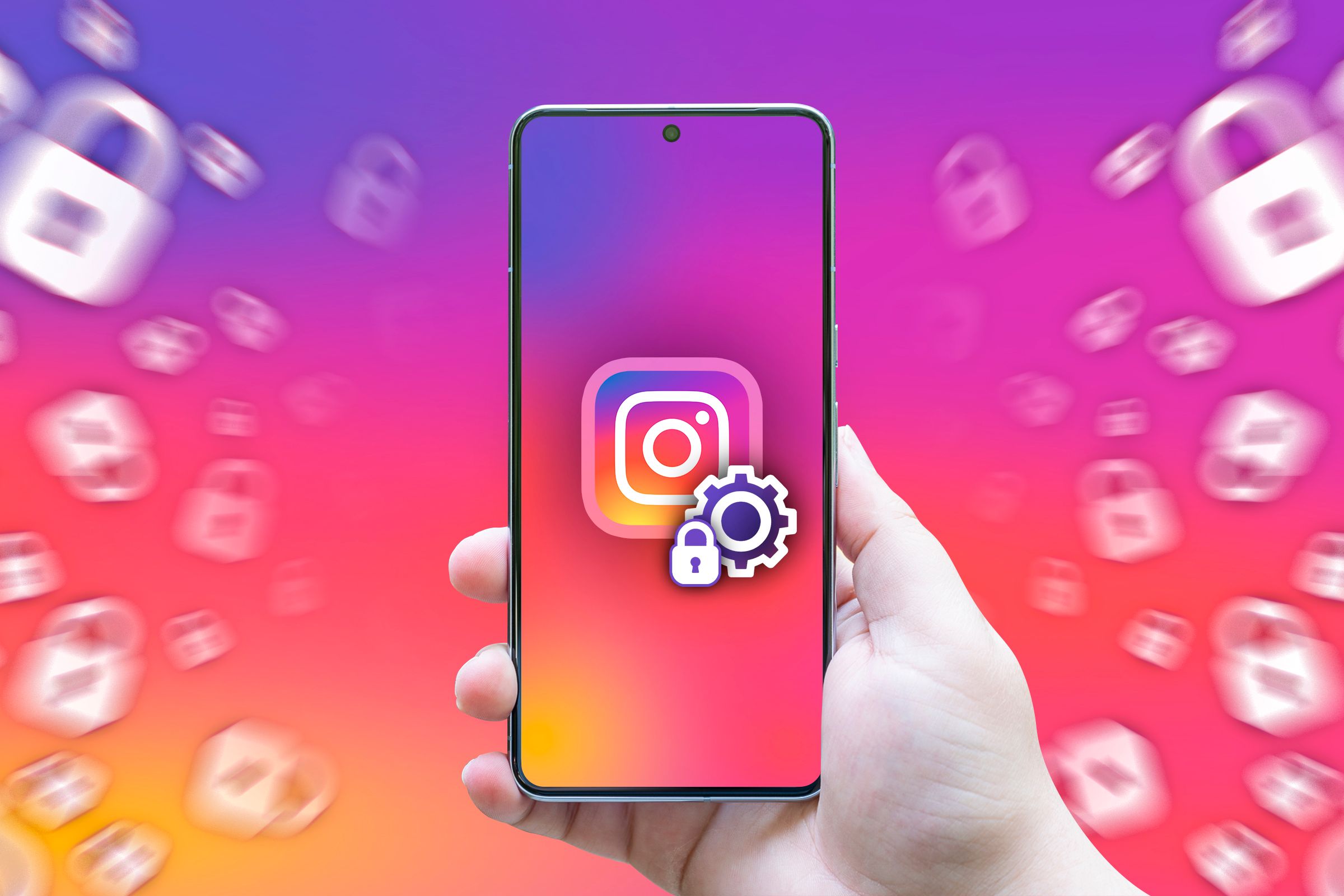 A hand holding a smartphone with the Instagram logo and a privacy settings icon.