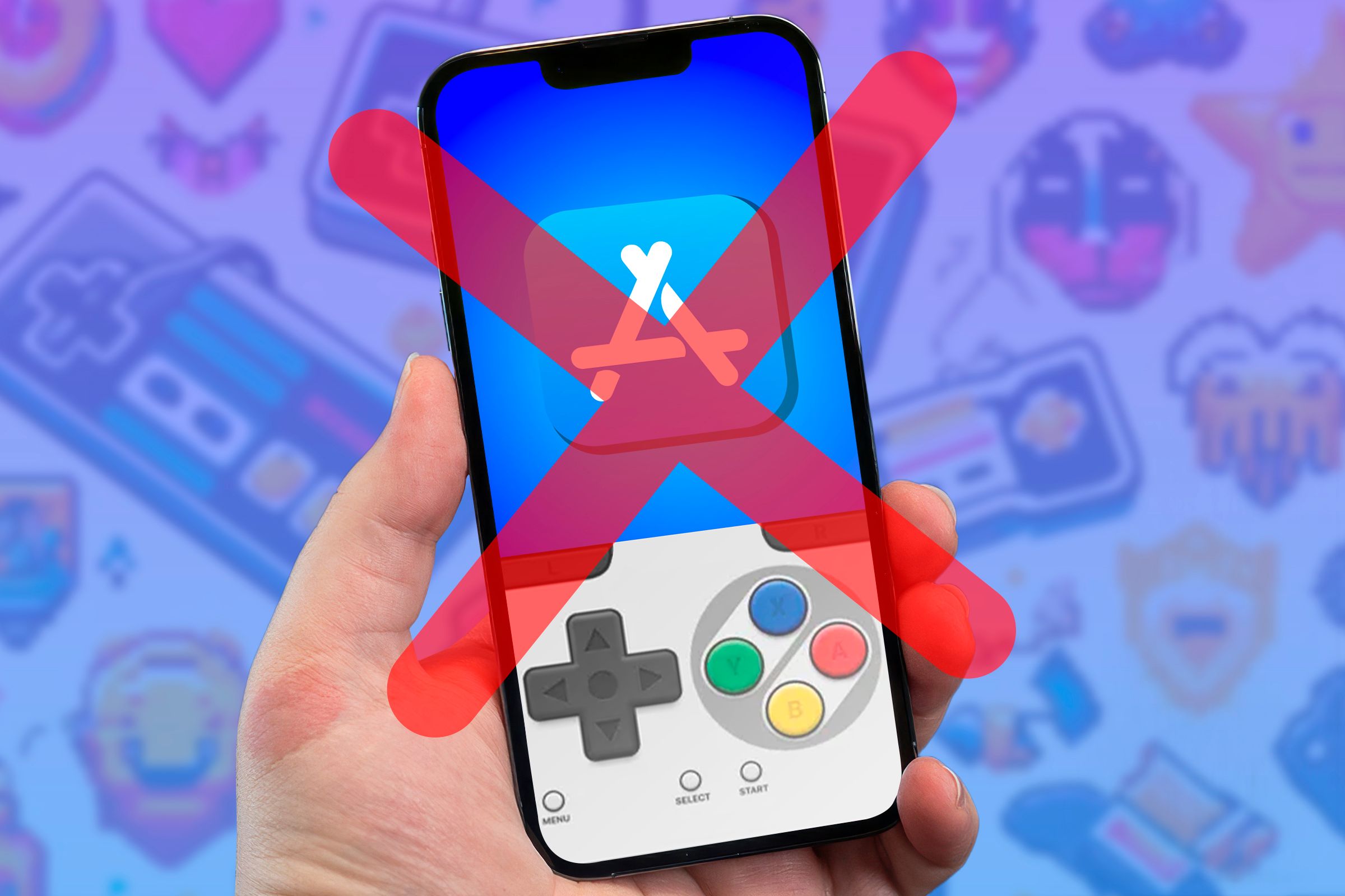 A hand holding an iPhone with an emulator and an 'X' over the Apple Store logo.