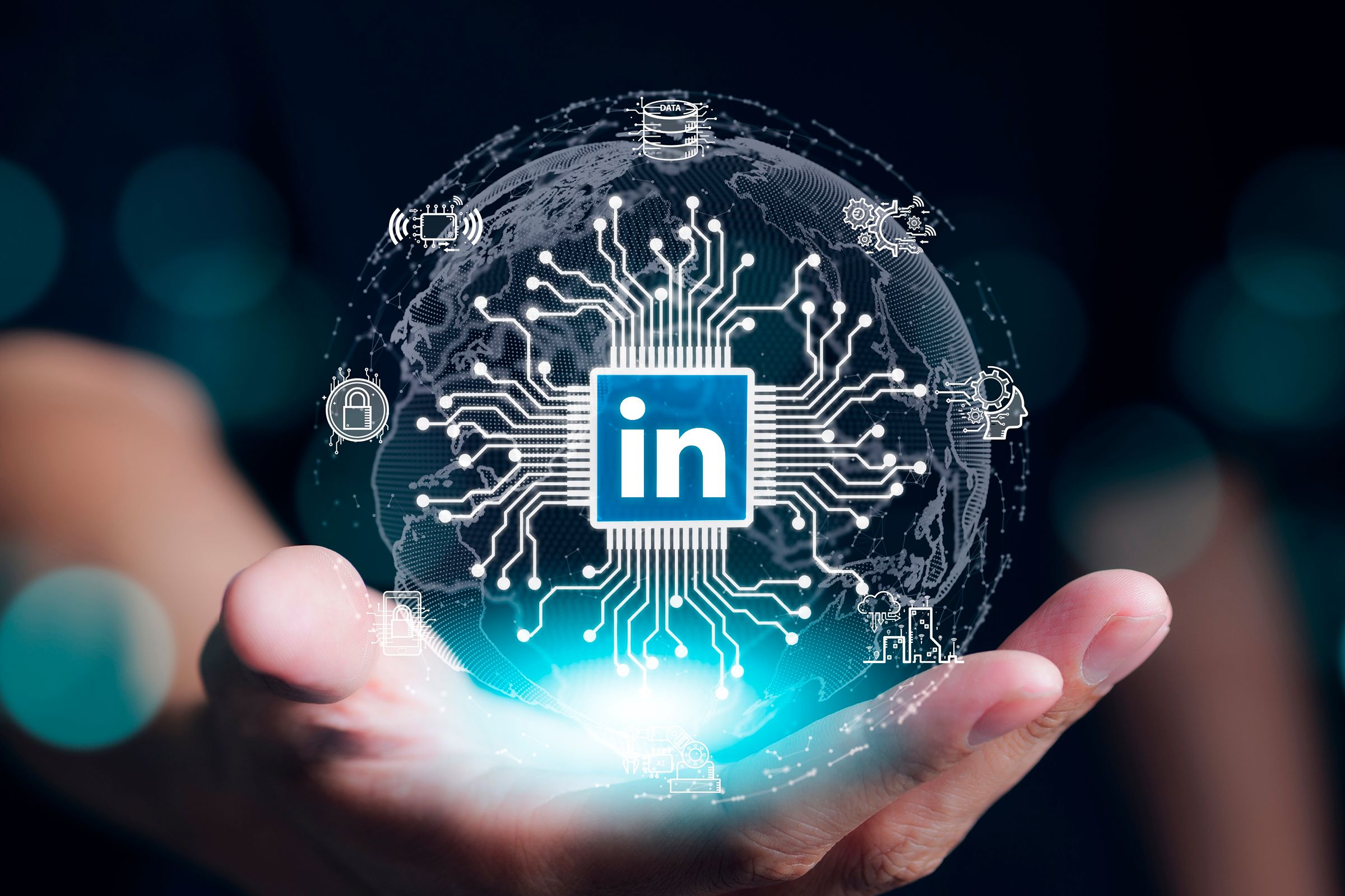 A hand with a hologram and some circuits illustrating artificial intelligence with the LinkedIn logo in the center.