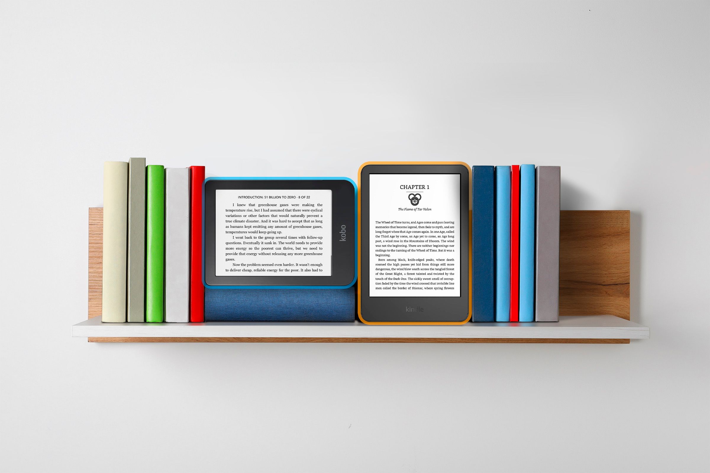 A Kobo and a Kindle side by side on a shelf with a few books.