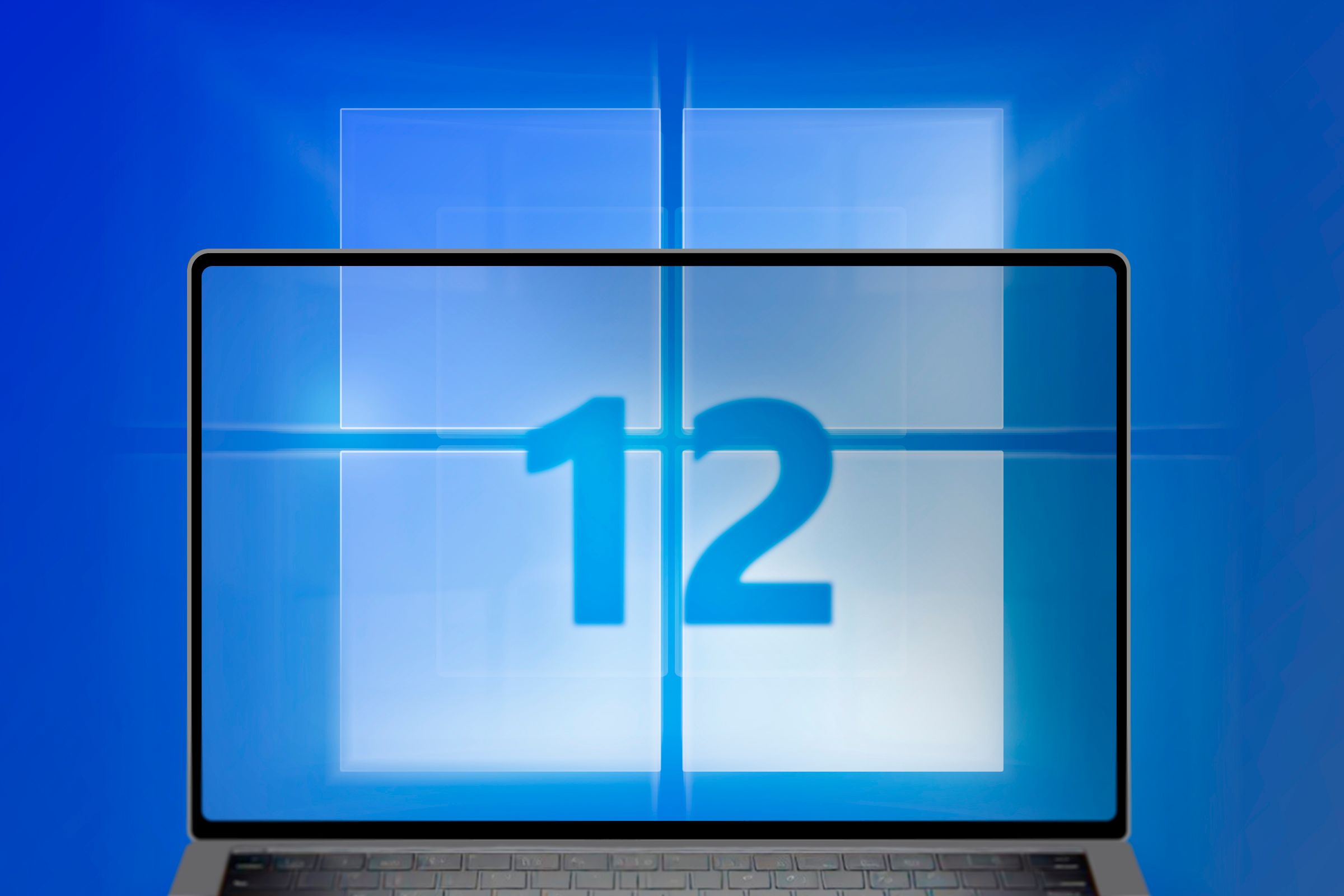 A laptop screen displaying a logo associated with Windows 12.