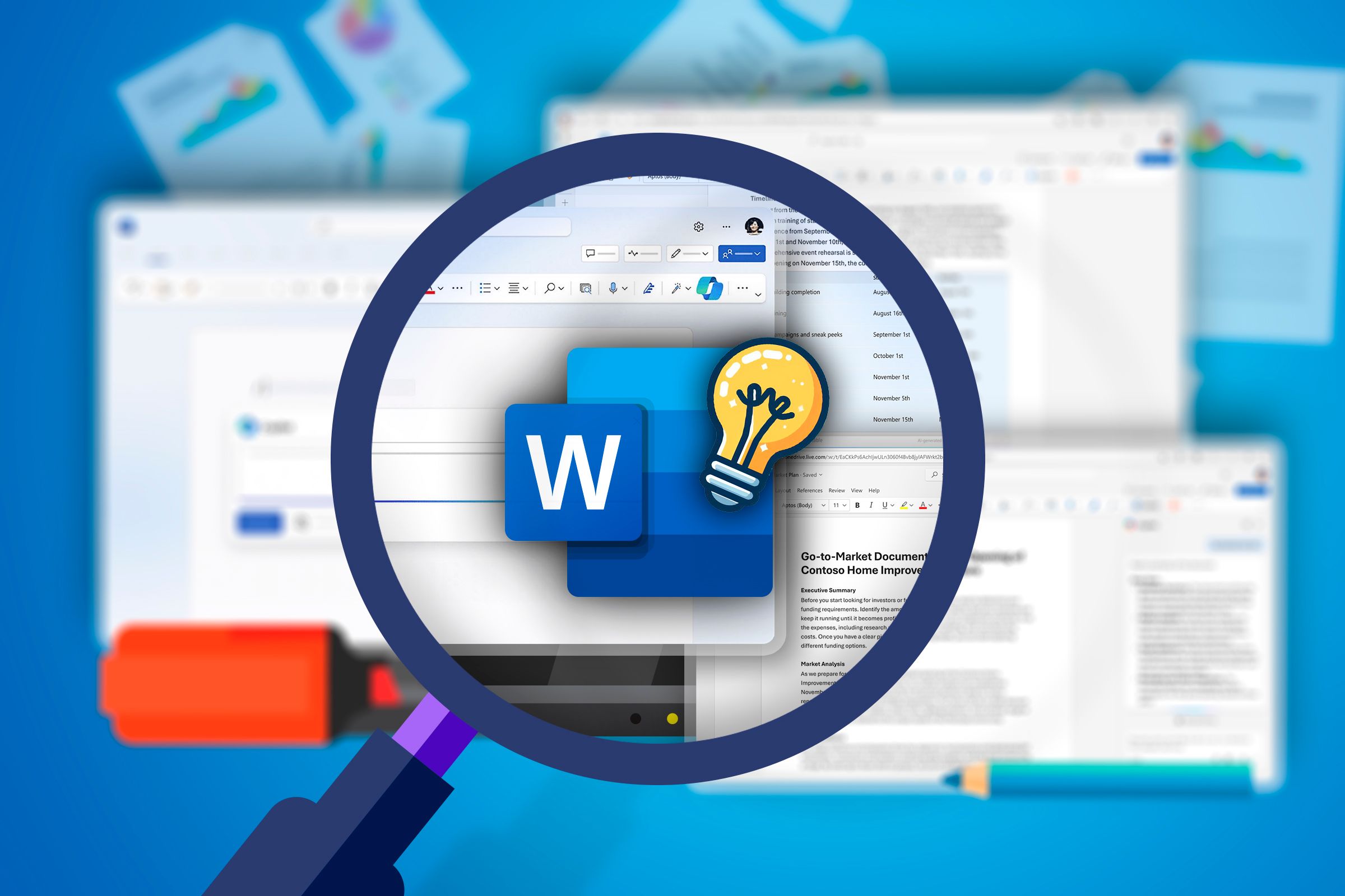 A magnifying glass showing the Microsoft Word logo with a tip icon and some Word files in the background.