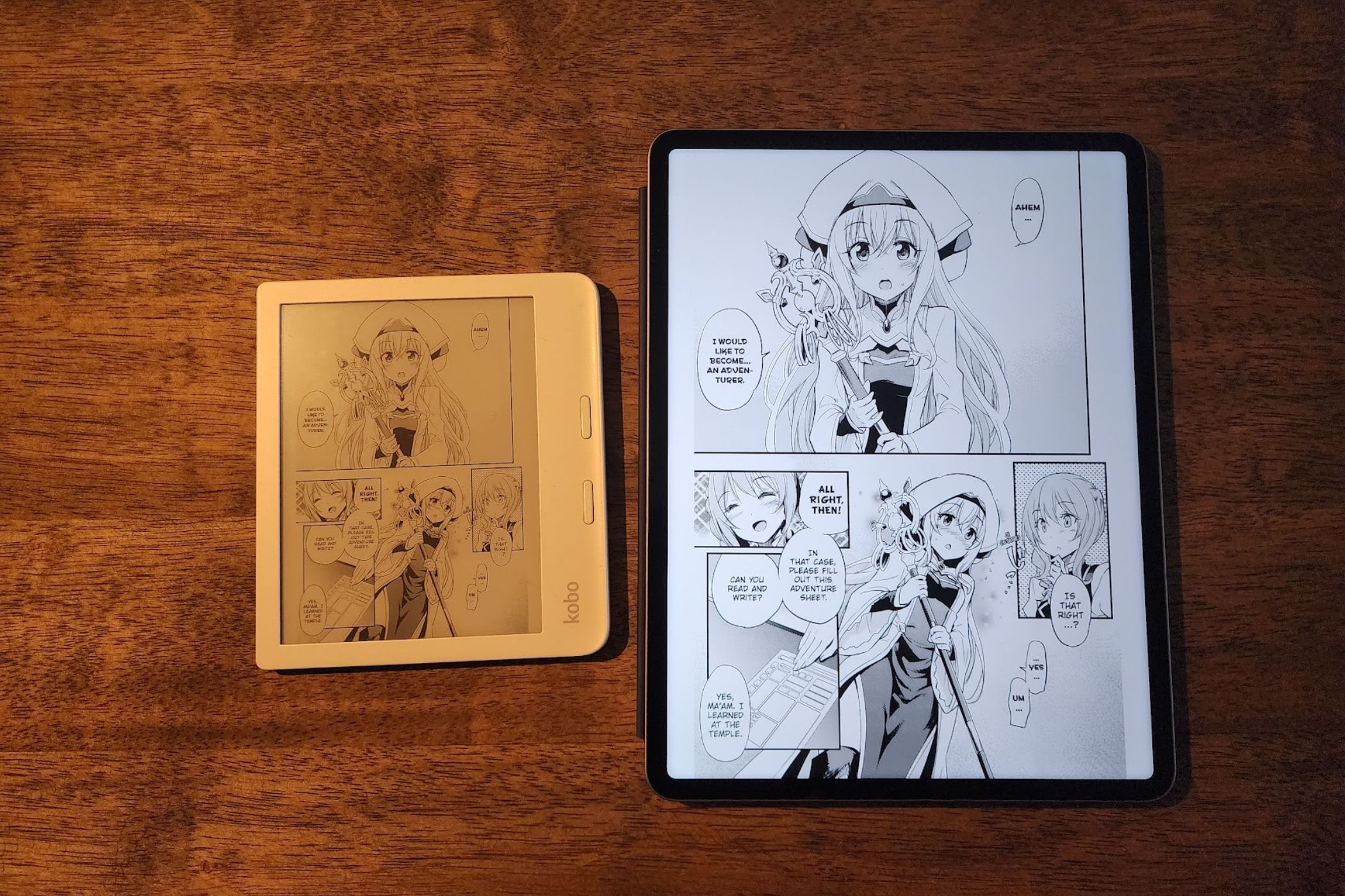 A page from a manga displayed on both a Kobo eReader and an Apple iPad