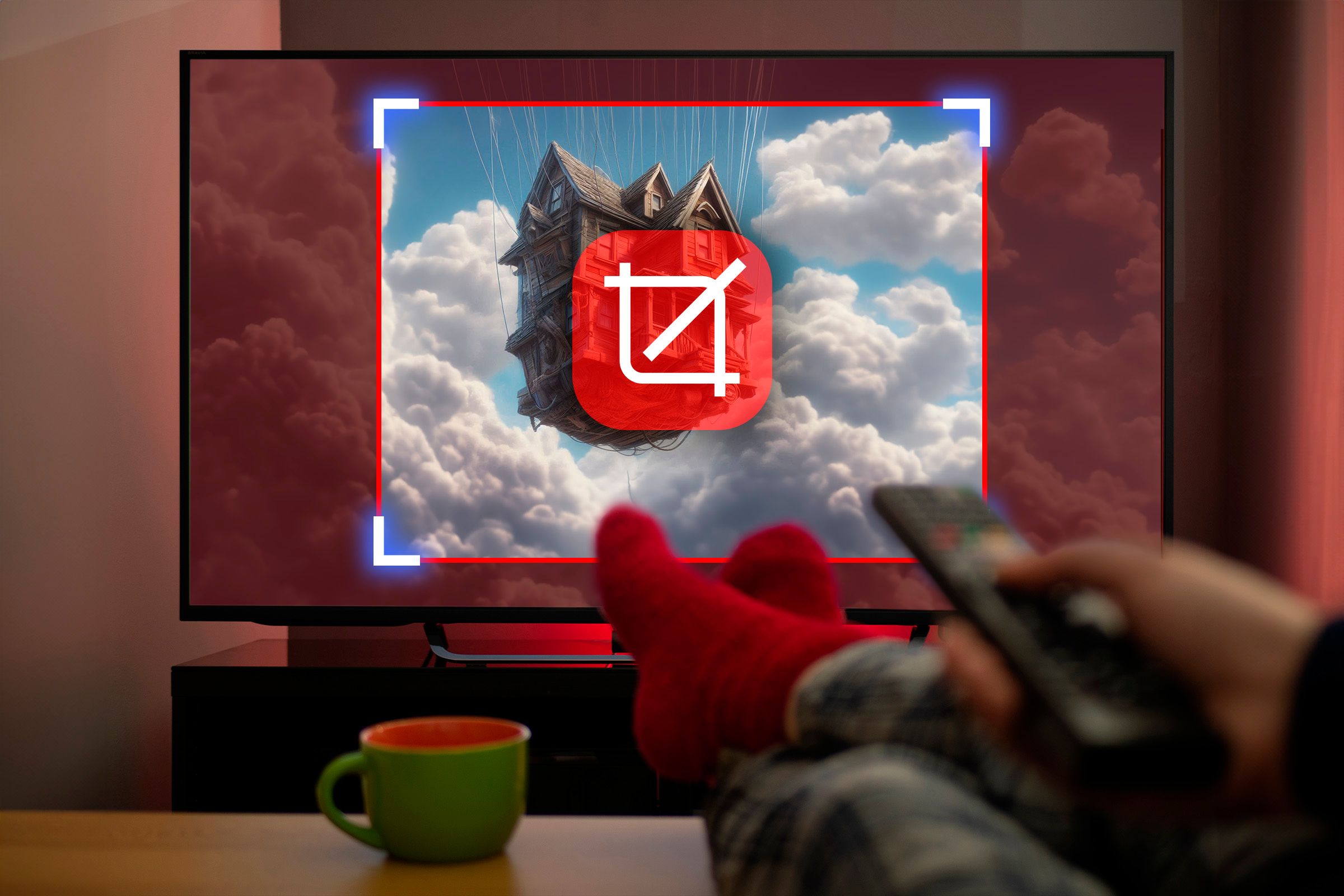 A person watching TV with the movie in a cropped region and a crop icon in the center.