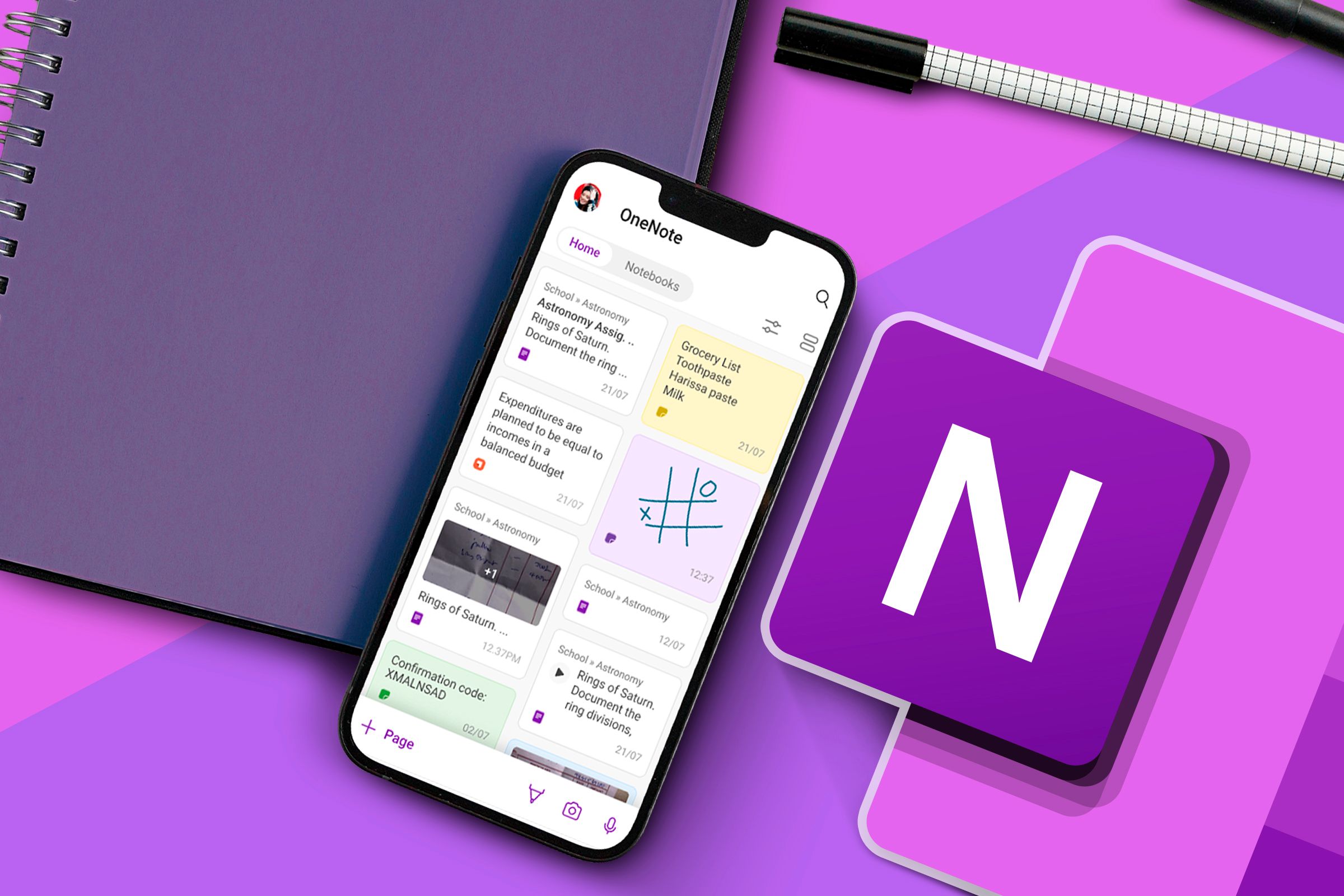 A phone on top of a notebook with OneNote open and the OneNote logo next to it.