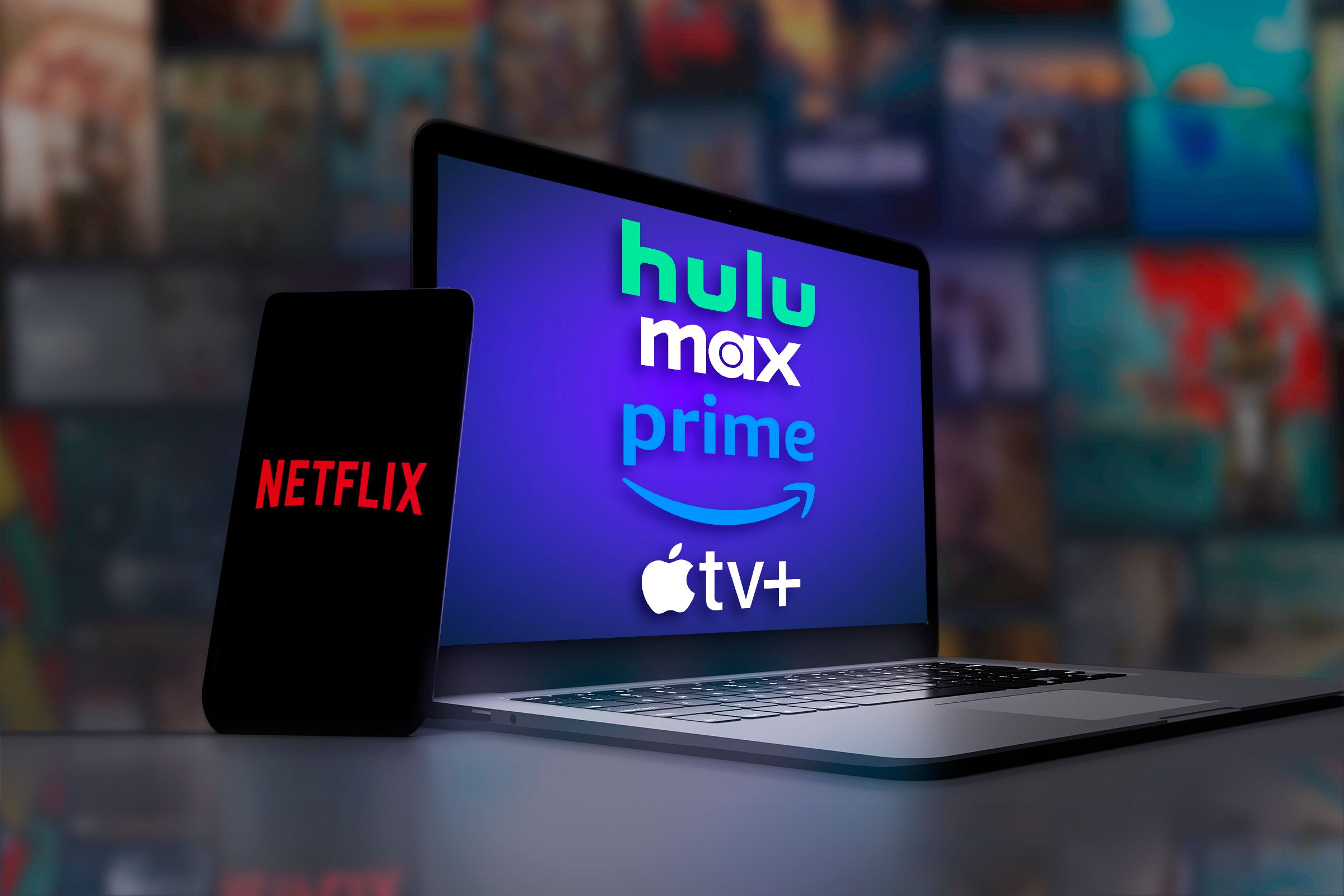 A phone with the Netflix logo and a laptop with the logos of Hulu, Max, Amazon Prime, and Apple TV Plus.
