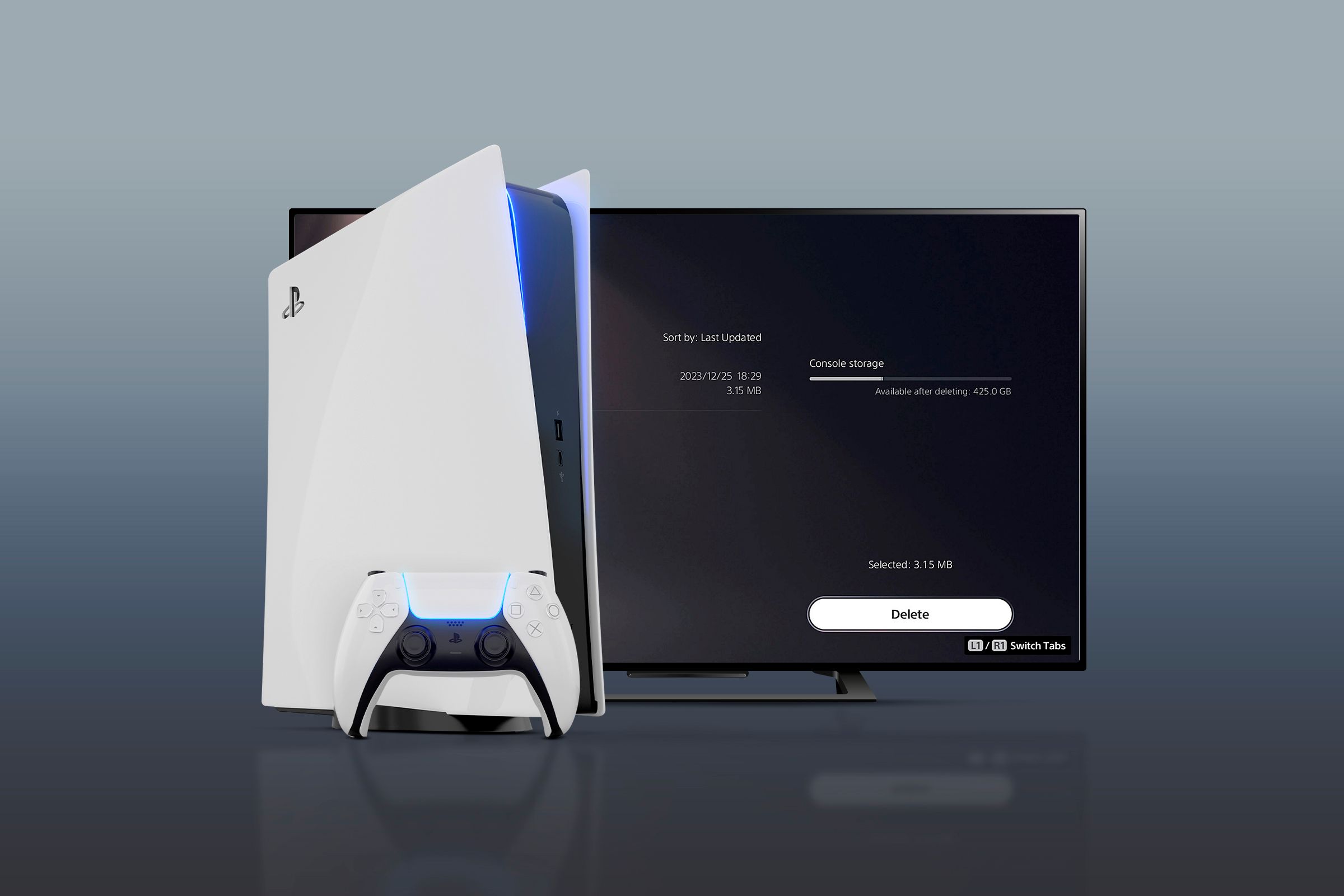 A PS5 with a DualSense in front of it and a TV with the storage screen, behind the PS5