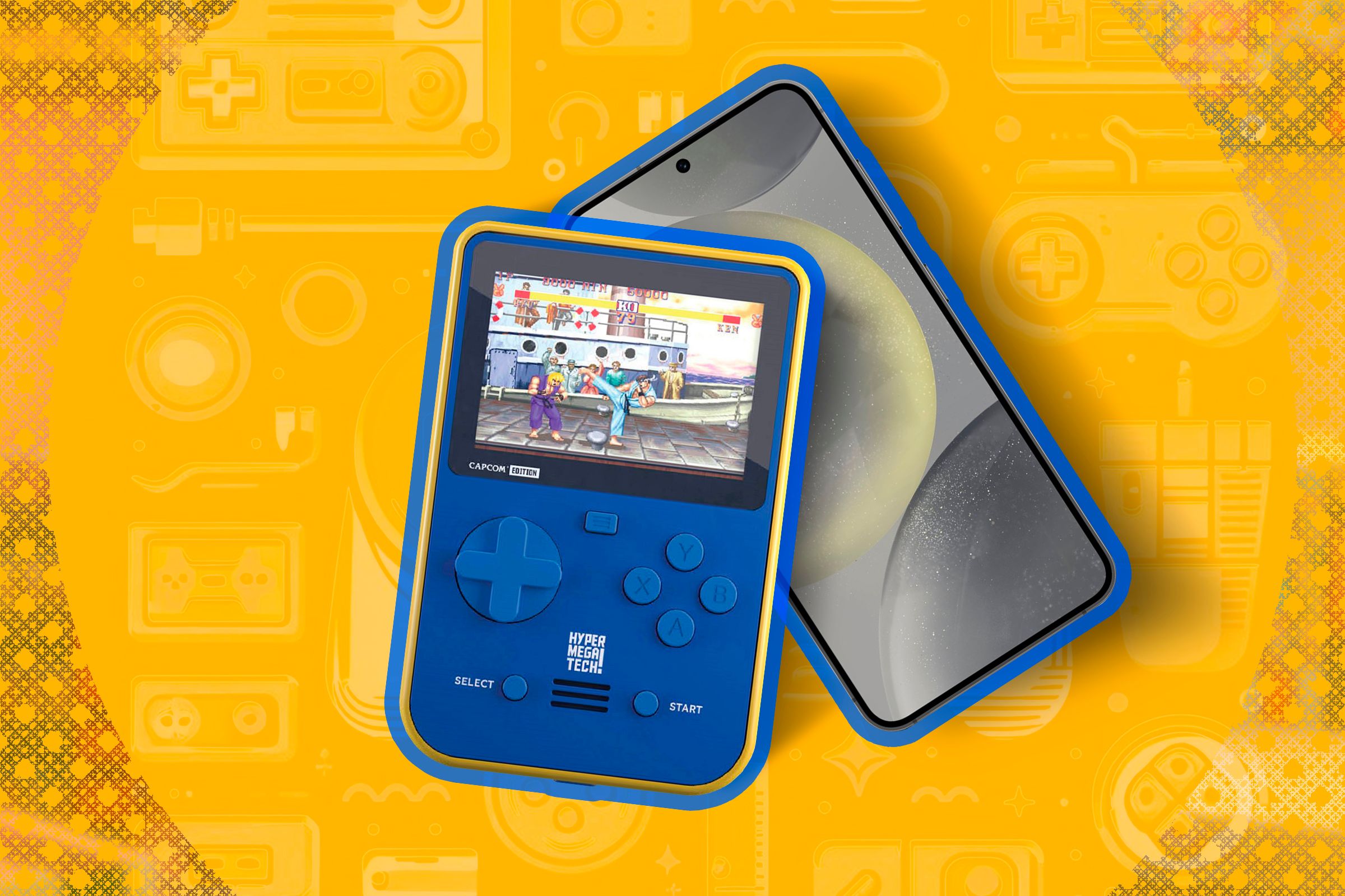 A retro handheld gaming device with a phone below it.