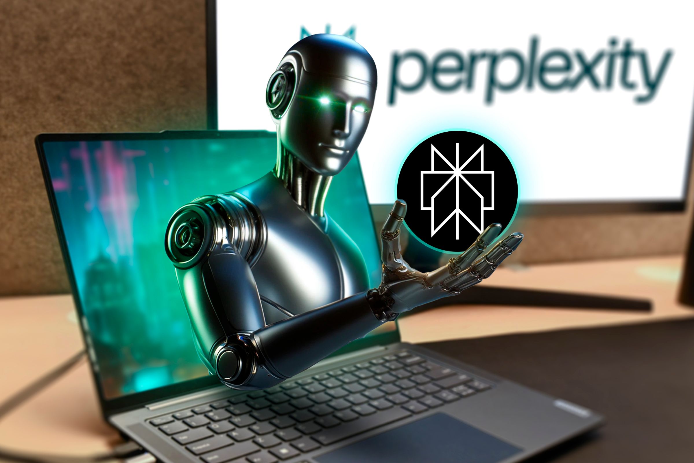 A robot coming out of a laptop screen with the Perplexity AI logo in its hand.