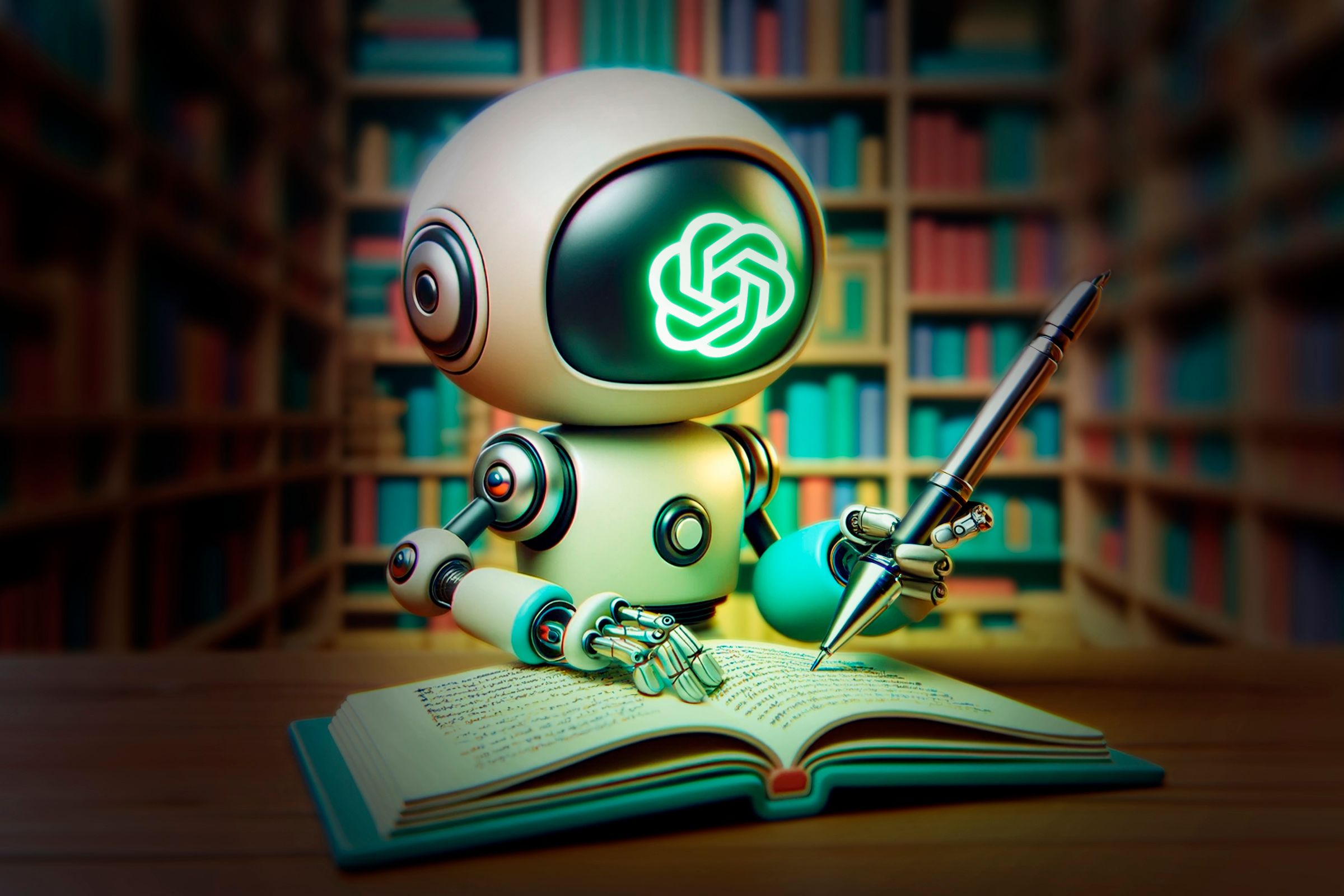 A robot in a library writing a book and the ChatGPT logo on its face.