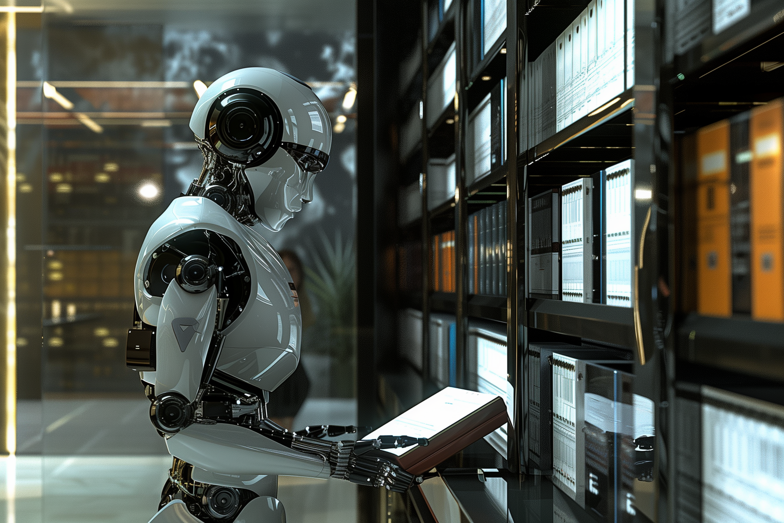 A robot librarian looking through a filing cabinet searching for files.
