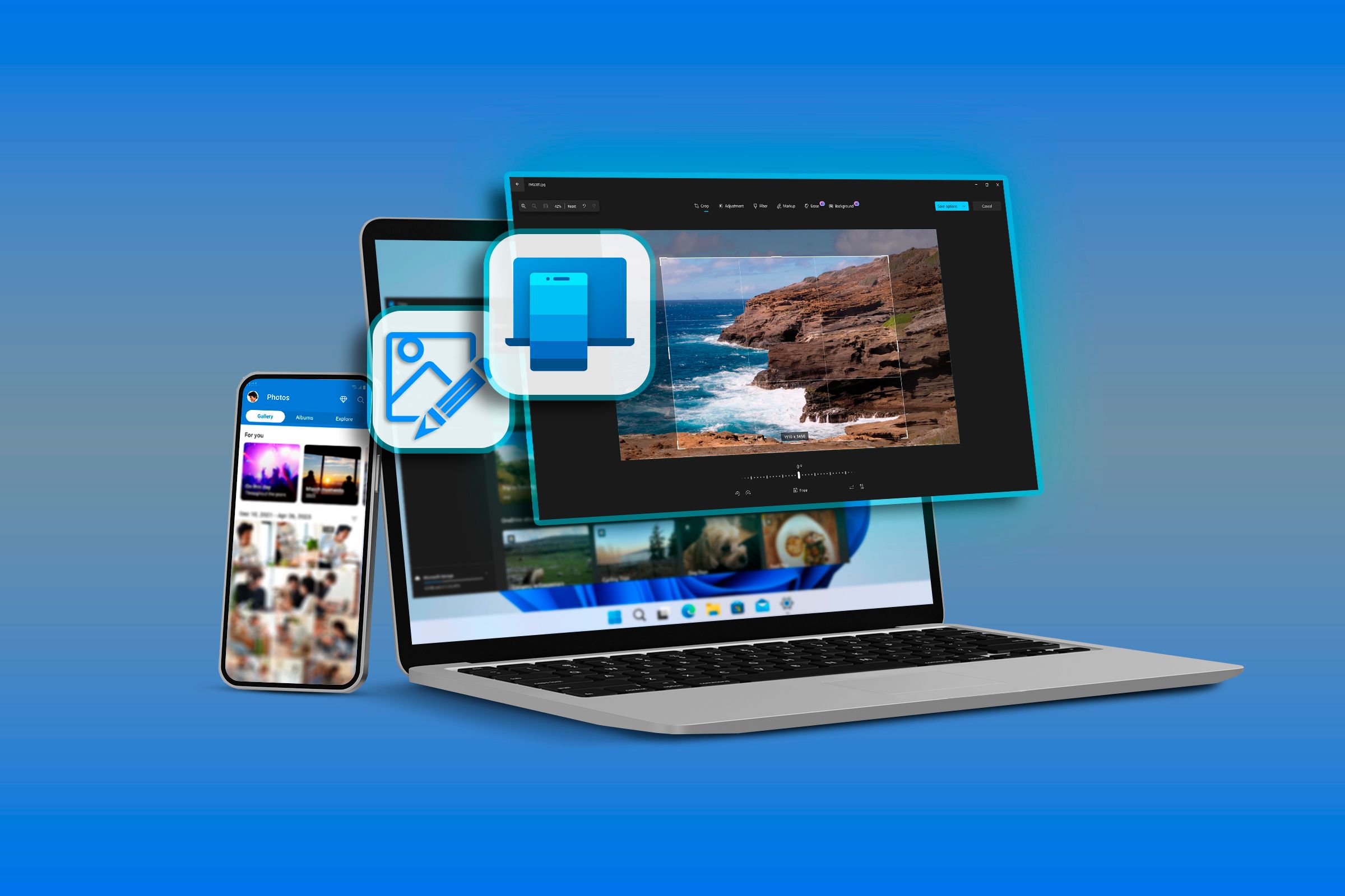 A smartphone with the photo gallery open and a laptop next to it with an image being edited on Windows.