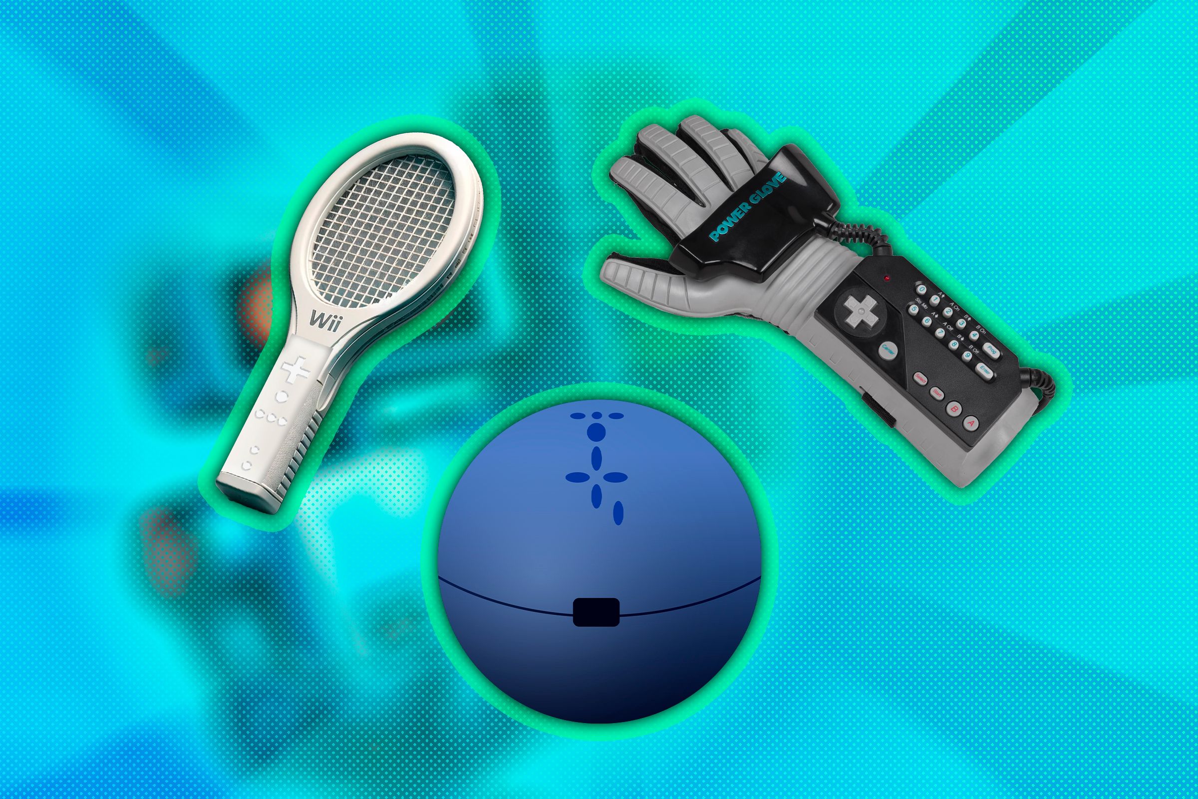 A Wii Tennis Racket, Bowling ball and a Power glove in the center of the screen.
