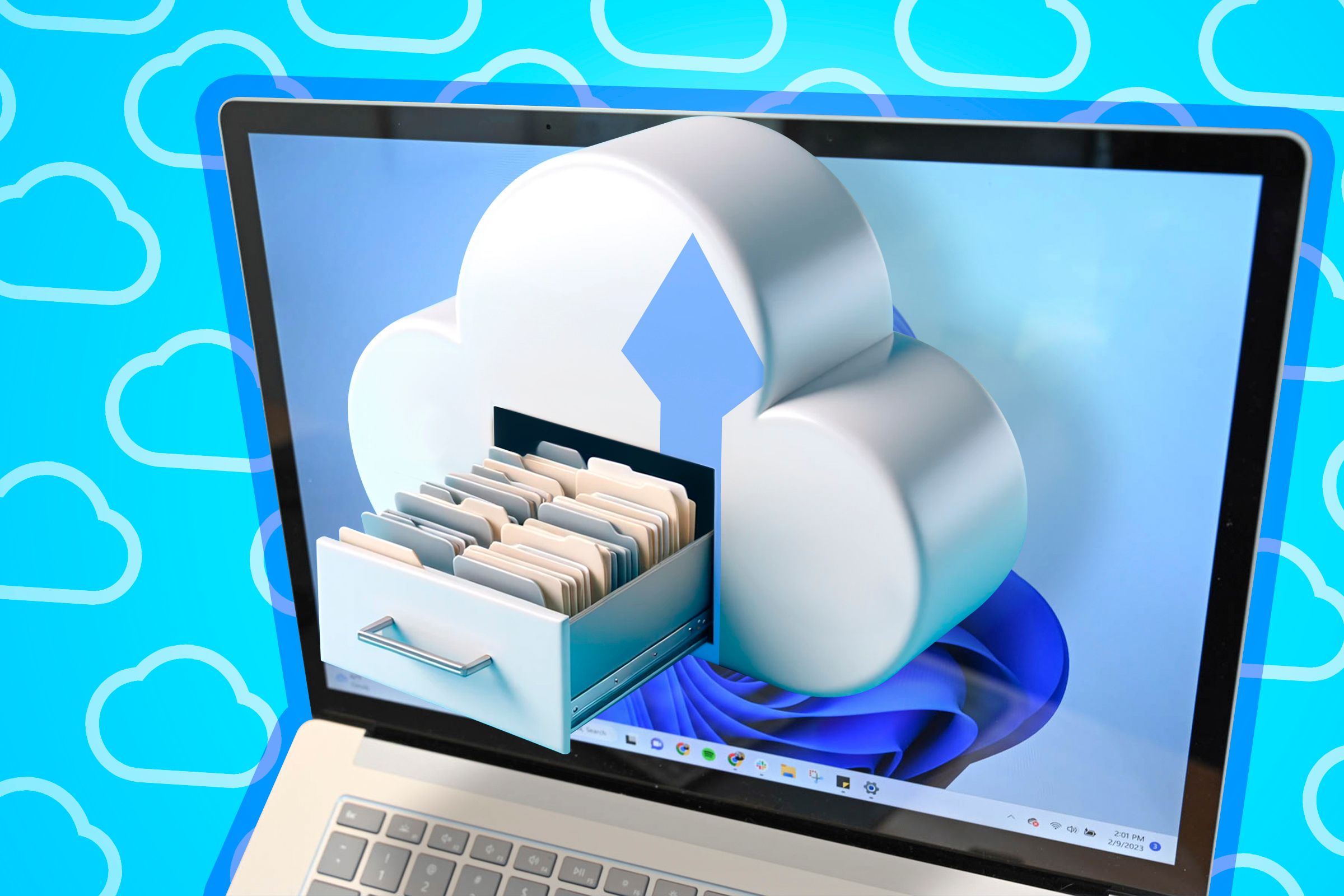 A Windows laptop with a cloud-shaped file drawer coming out of the screen.