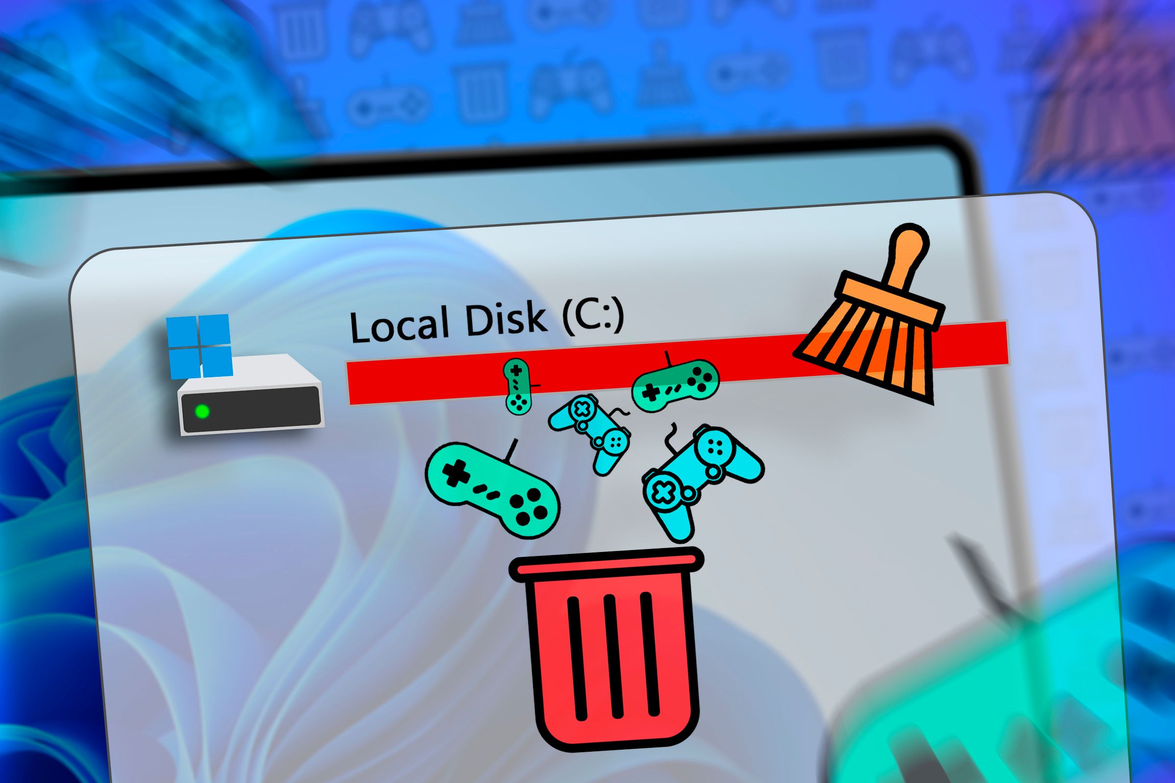 A Windows screen with an image of the local disk full and some video game icons going into a trash can.