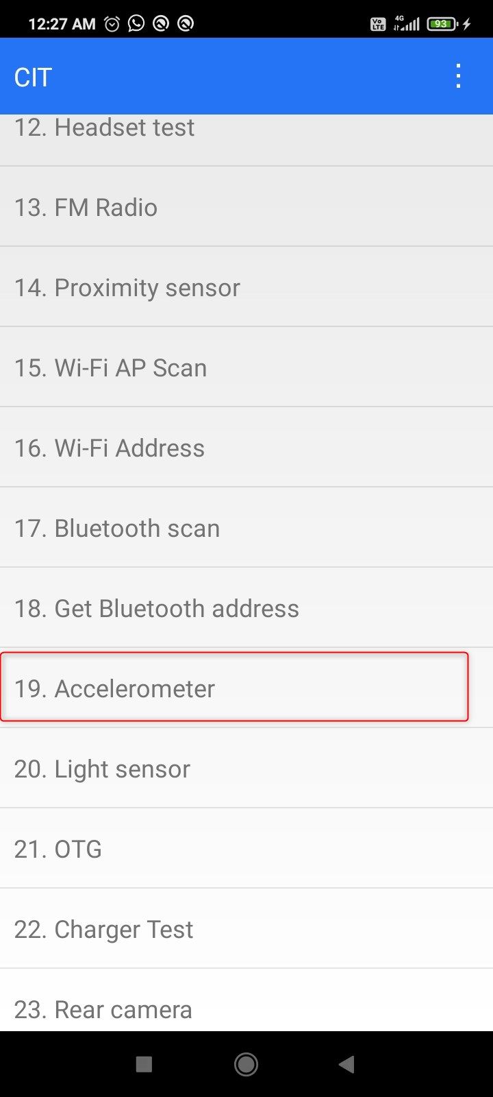 Arrow highlighting the the accelerometer test button on Android.
