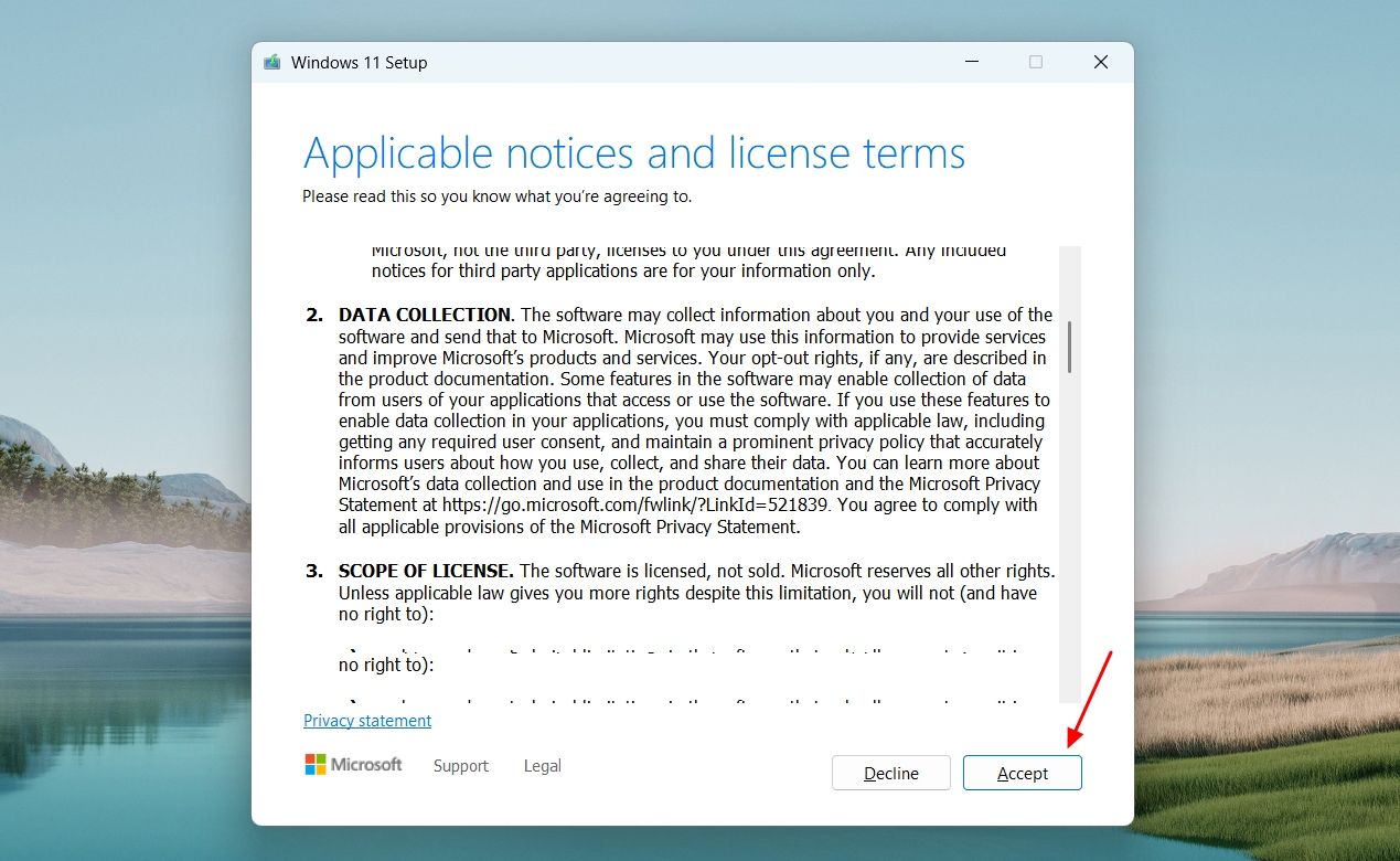 Accept option in Terms and License window.