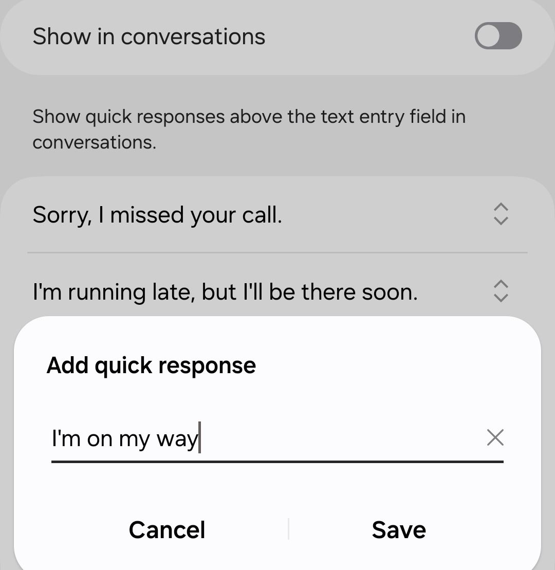 Adding quick response in Samsung Messages